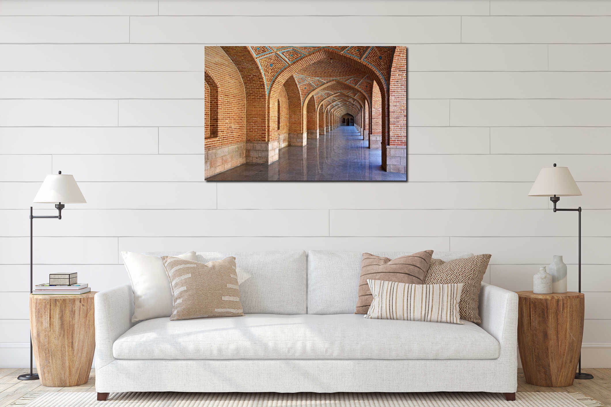 Arched corridor in the courtyard of Blue Mosque or Masjed Kabud , Tabriz , Iran interior mockup