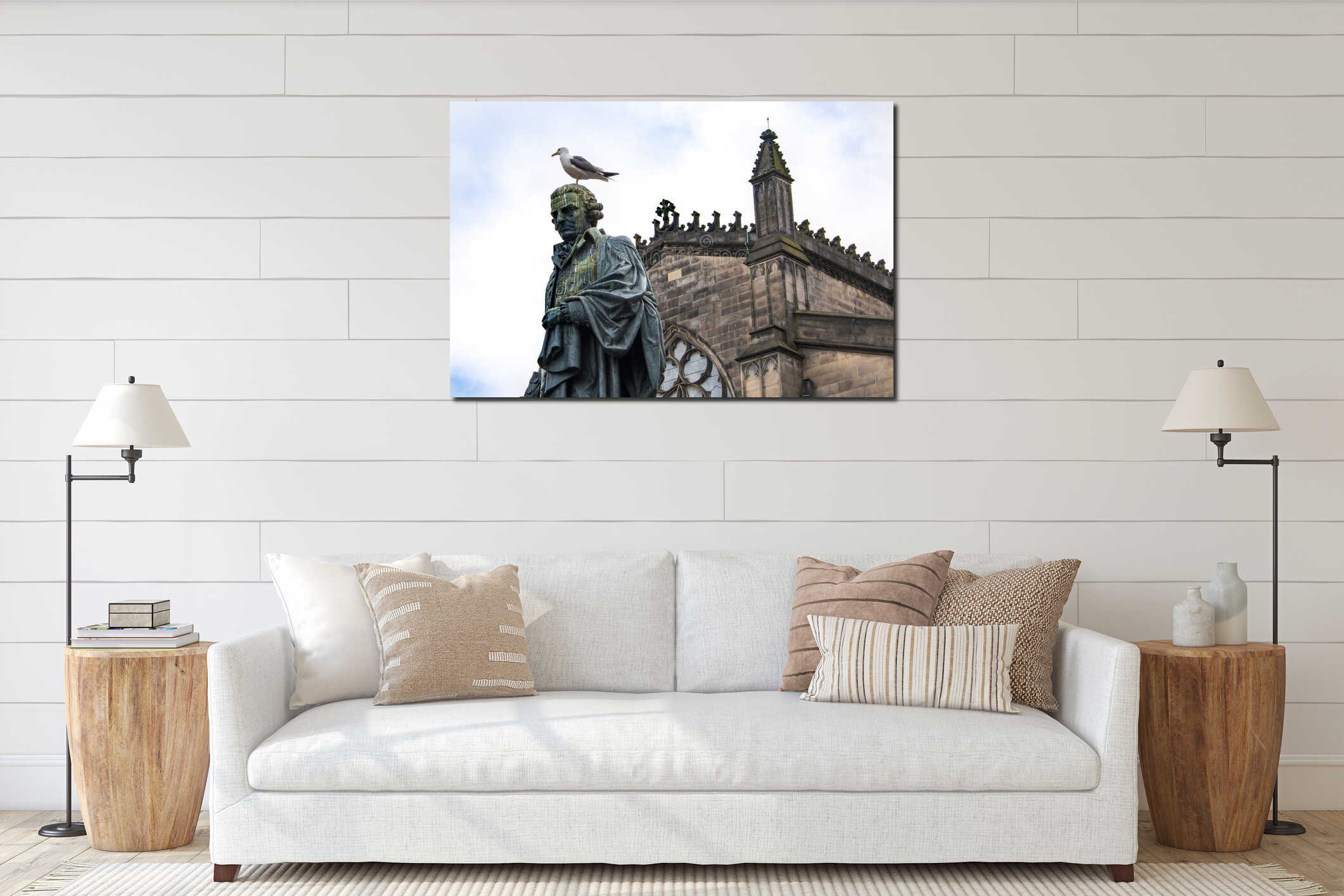 Adam Smith Statue with a seagull on his head in Edinburgh interior mockup