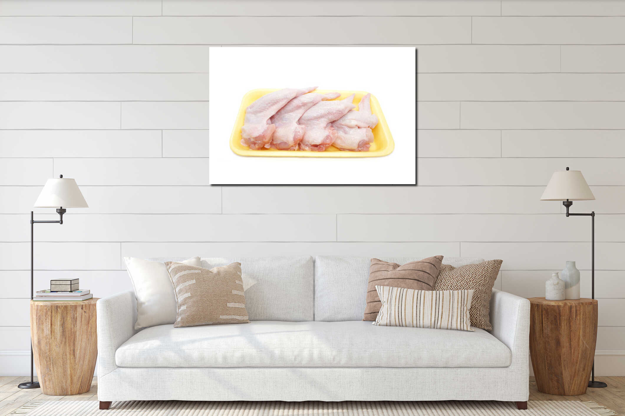 Raw Chicken wings in a yellow polystyrene container isolated on white background. Four fresh chicken parts for cooking. Side view. interior mockup