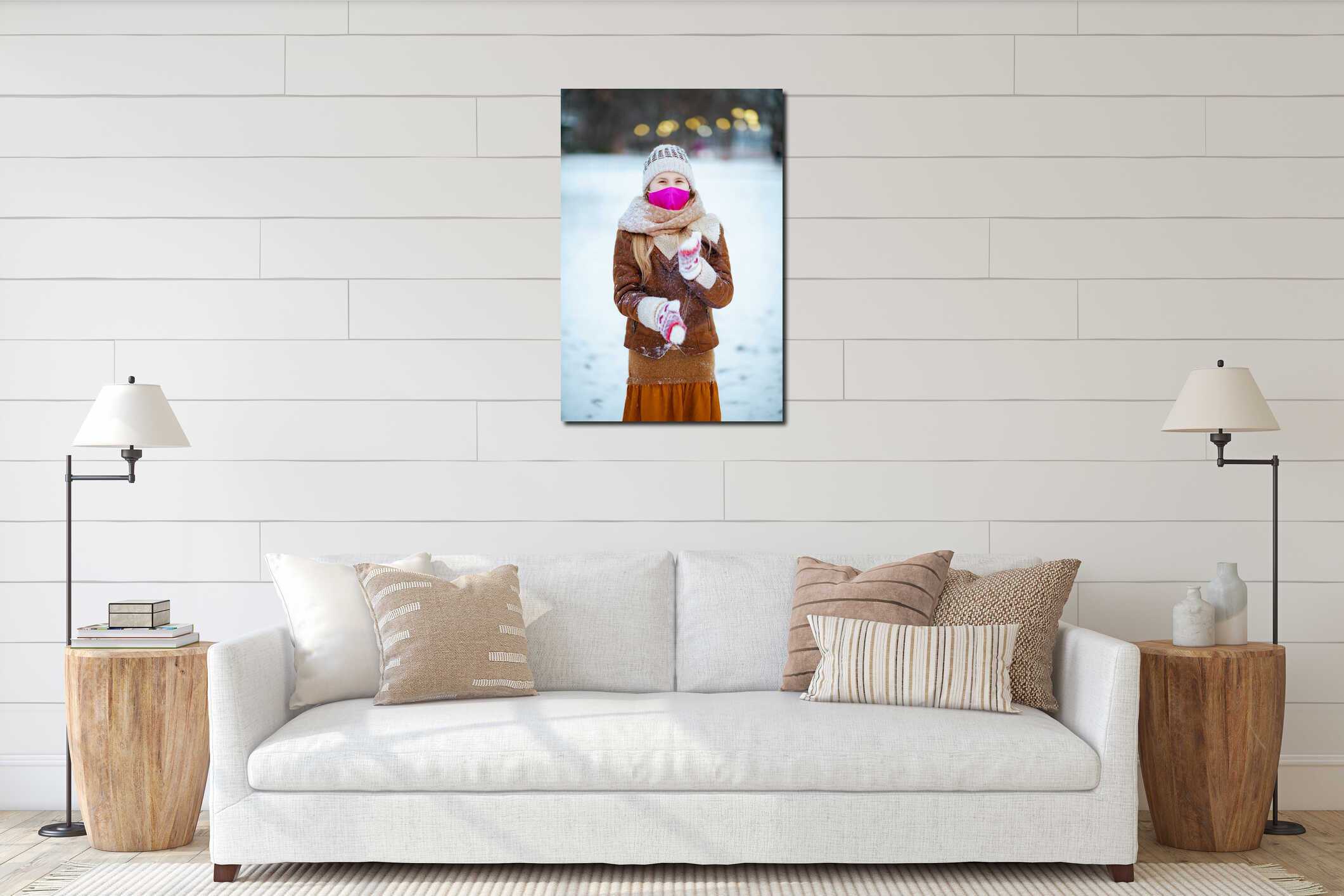Portrait of smiling modern child outside in city park in winter interior mockup