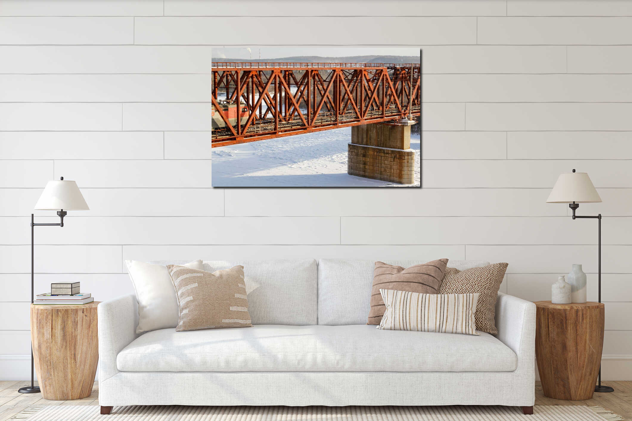 Railway bridge against the background of the frozen river. interior mockup