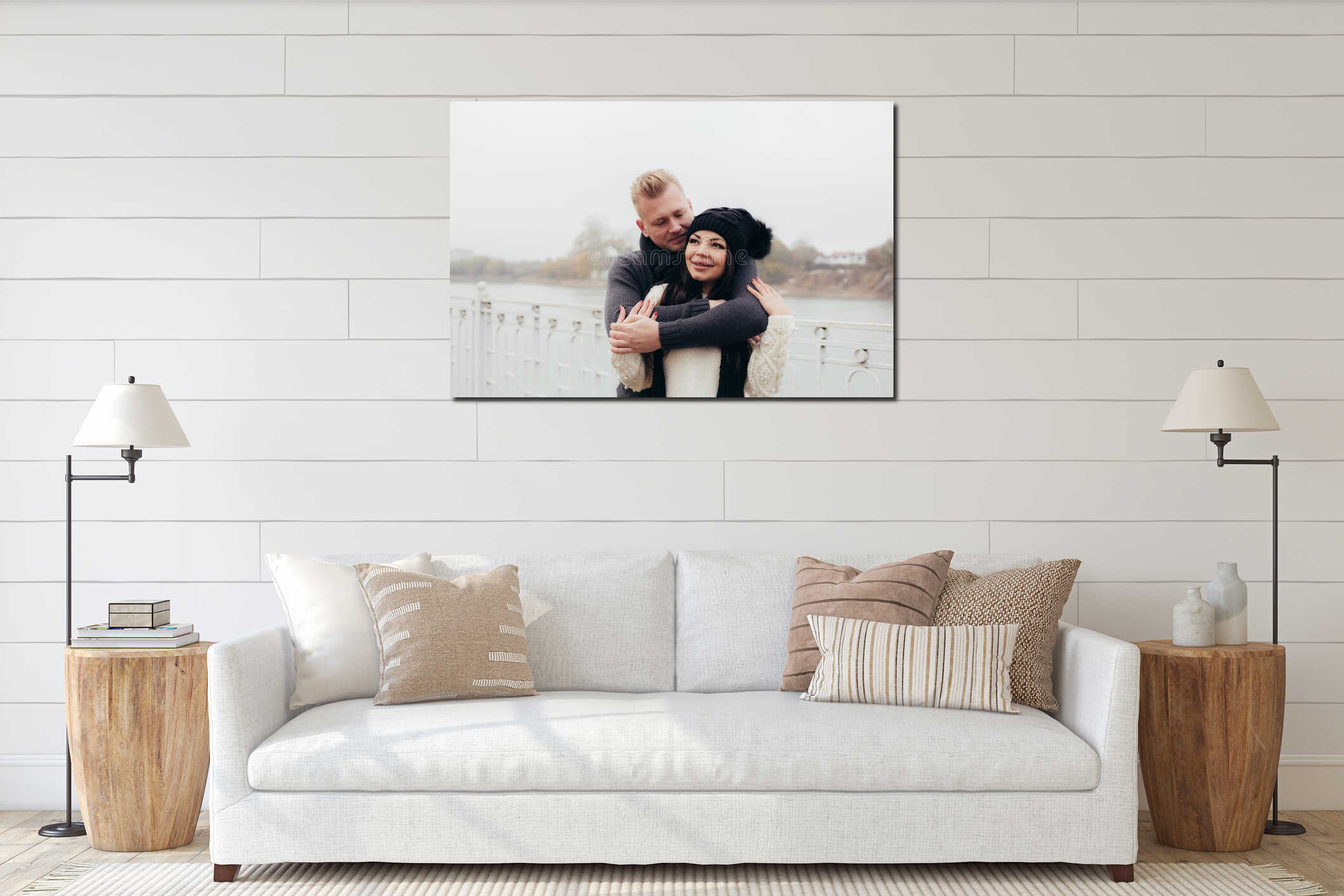 A couple in love walks along the embankment in cloudy weather interior mockup