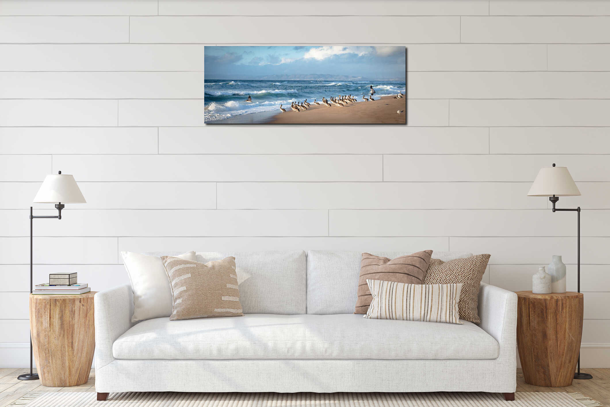 Flock of brown pelicans and flock of seagulls on the beach at sunset, panoramic view. interior mockup