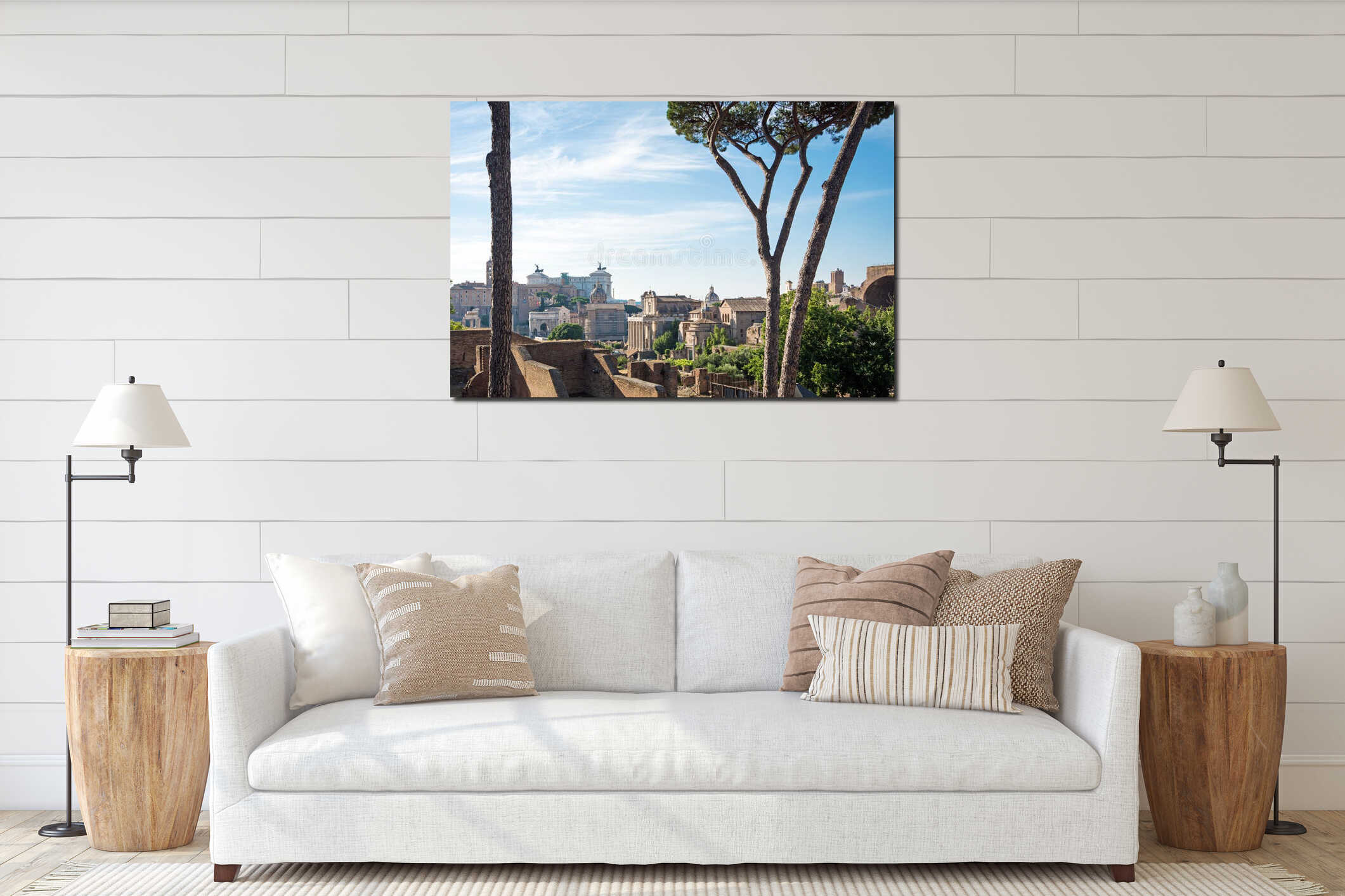 Ruins of the Imperial Forums in Rome with the Altar of the unknown soldier in backgorund. Rome  Italy interior mockup