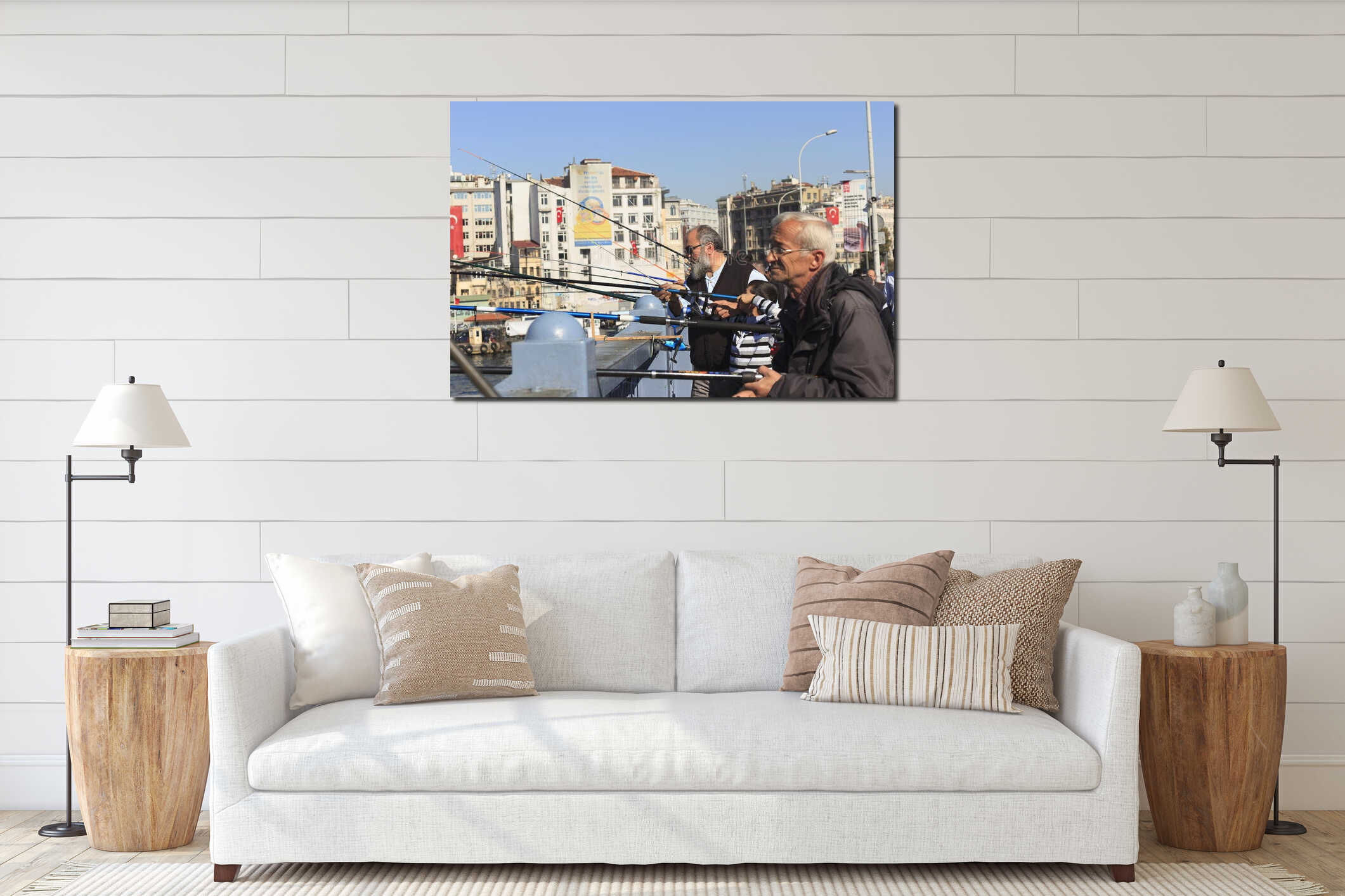 ISTANBUL  TURKEY - OCTOBER 29  2018. Fishermen on the Galata Bridge. interior mockup