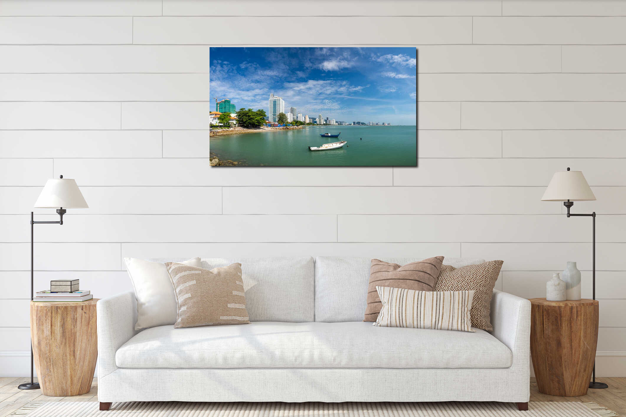Penang  Malaysia  Georgetown. City panorama at the sea coast promenade  hotel and fishing boat view interior mockup