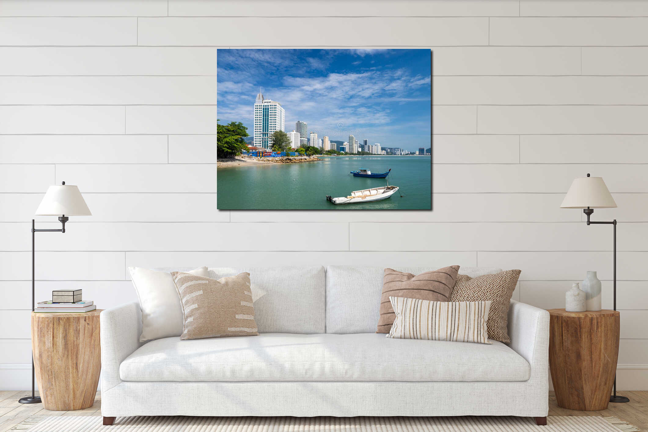 Penang  Malaysia  Georgetown. City panorama at the sea coast promenade  hotel and fishing boat view interior mockup