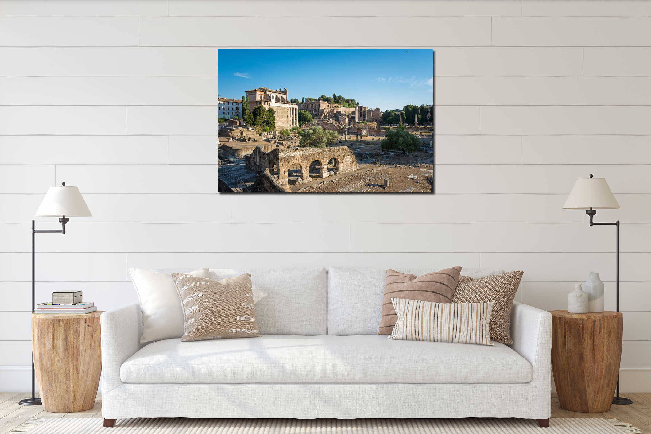 Panoramic landscape of the ruins of the Imperial Forums in Rome. Italy interior mockup