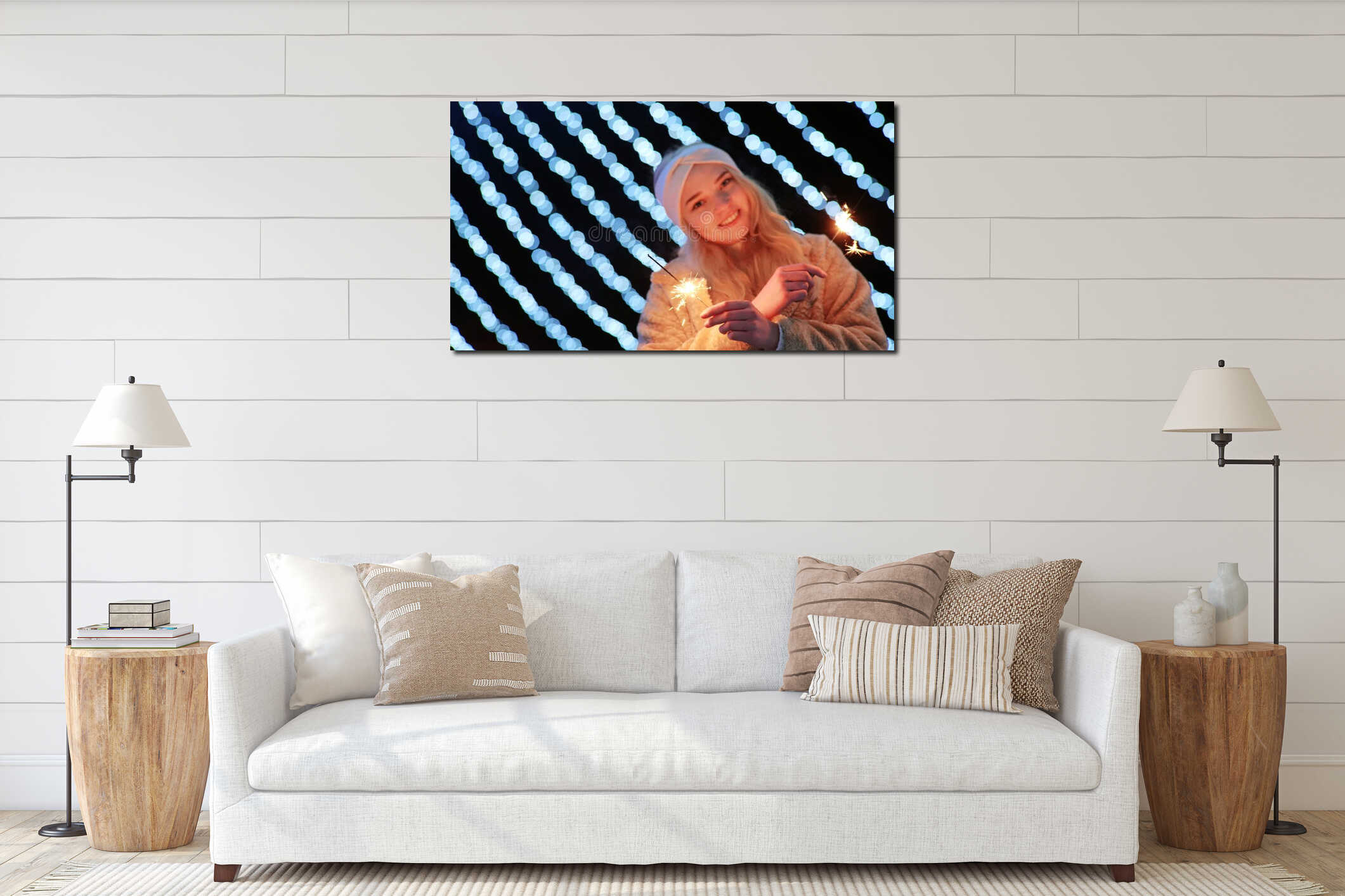 Girl with sparklers on the background of the Christmas lights of the evening city. interior mockup