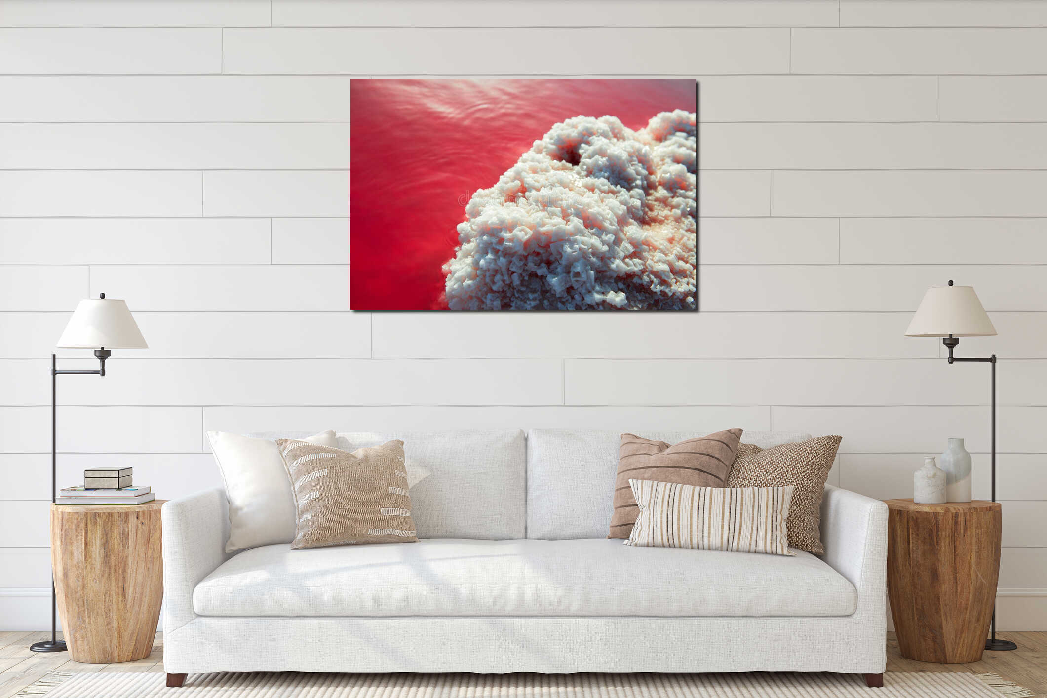 Salt mining. Salty pink lake with crystals of salt. Extremely salty pink lake, colored by microalgae with crystalline salt interior mockup