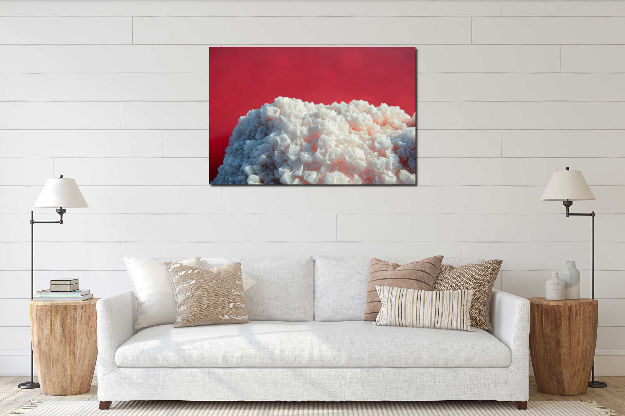 Salt mining. Salty pink lake with crystals of salt. Extremely salty pink lake, colored by microalgae with crystalline salt interior mockup