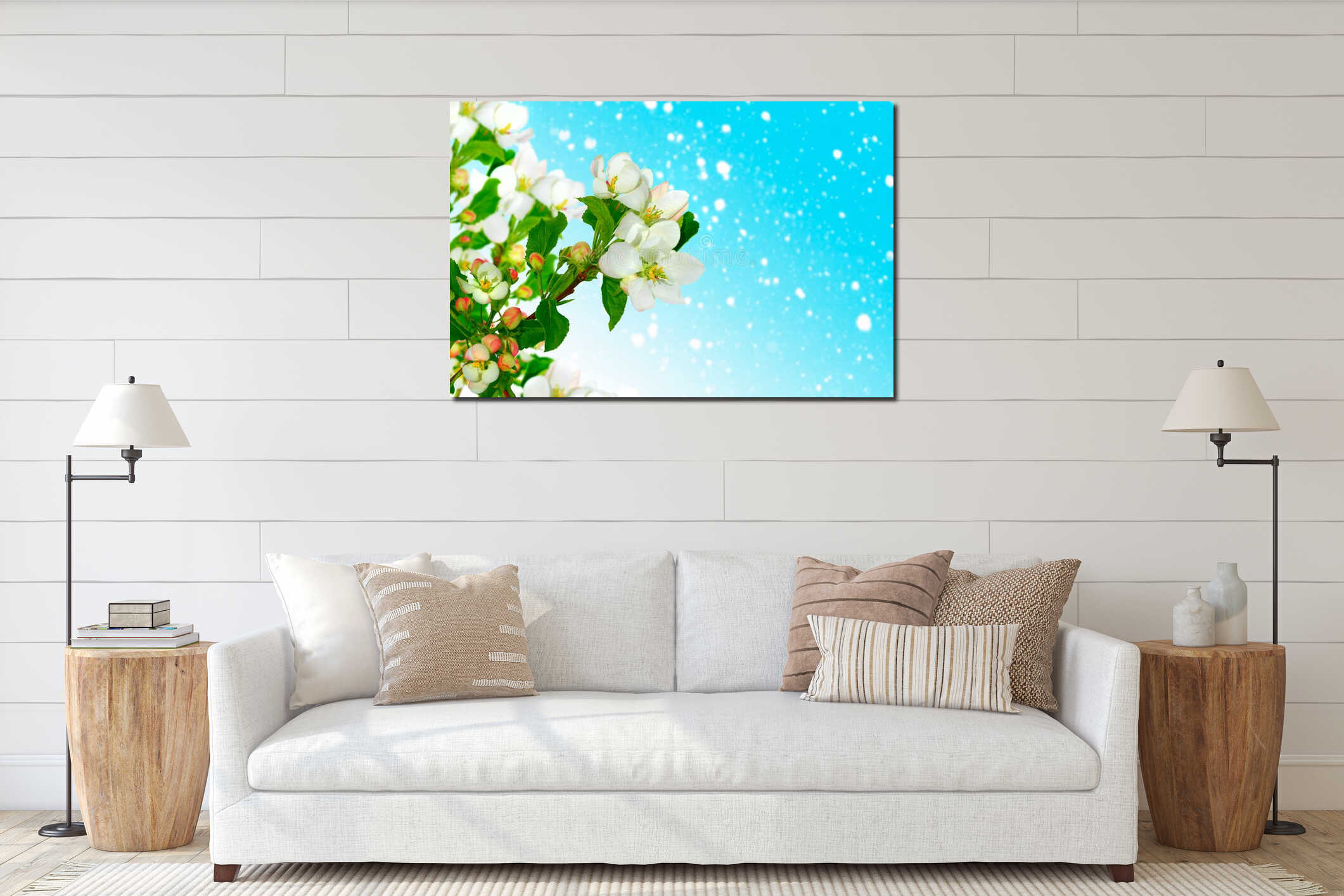 Blossoming branch apple. Bright colorful spring flowers interior mockup