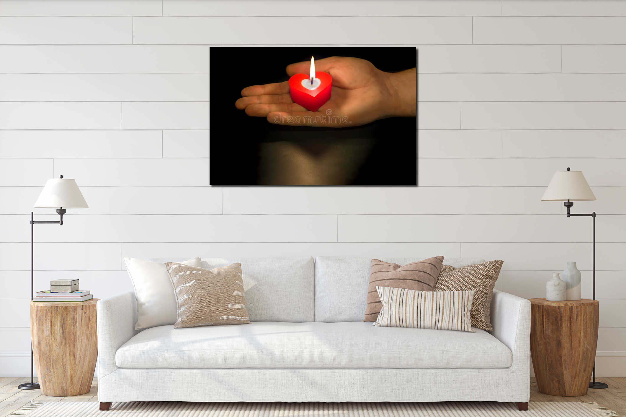 Heart shaped candle in hand interior mockup