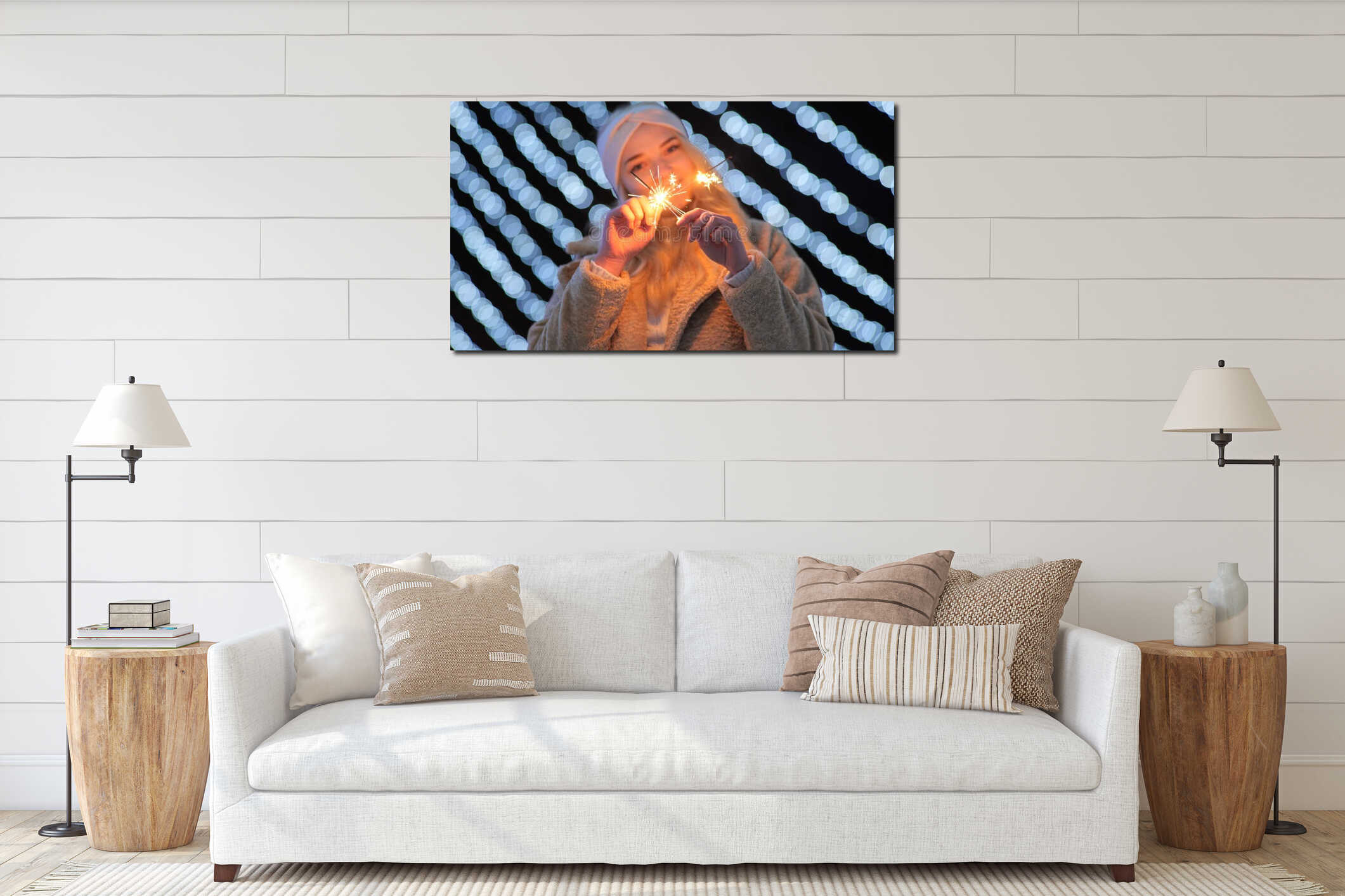 Girl with sparklers on the background of the Christmas lights of the evening city. interior mockup