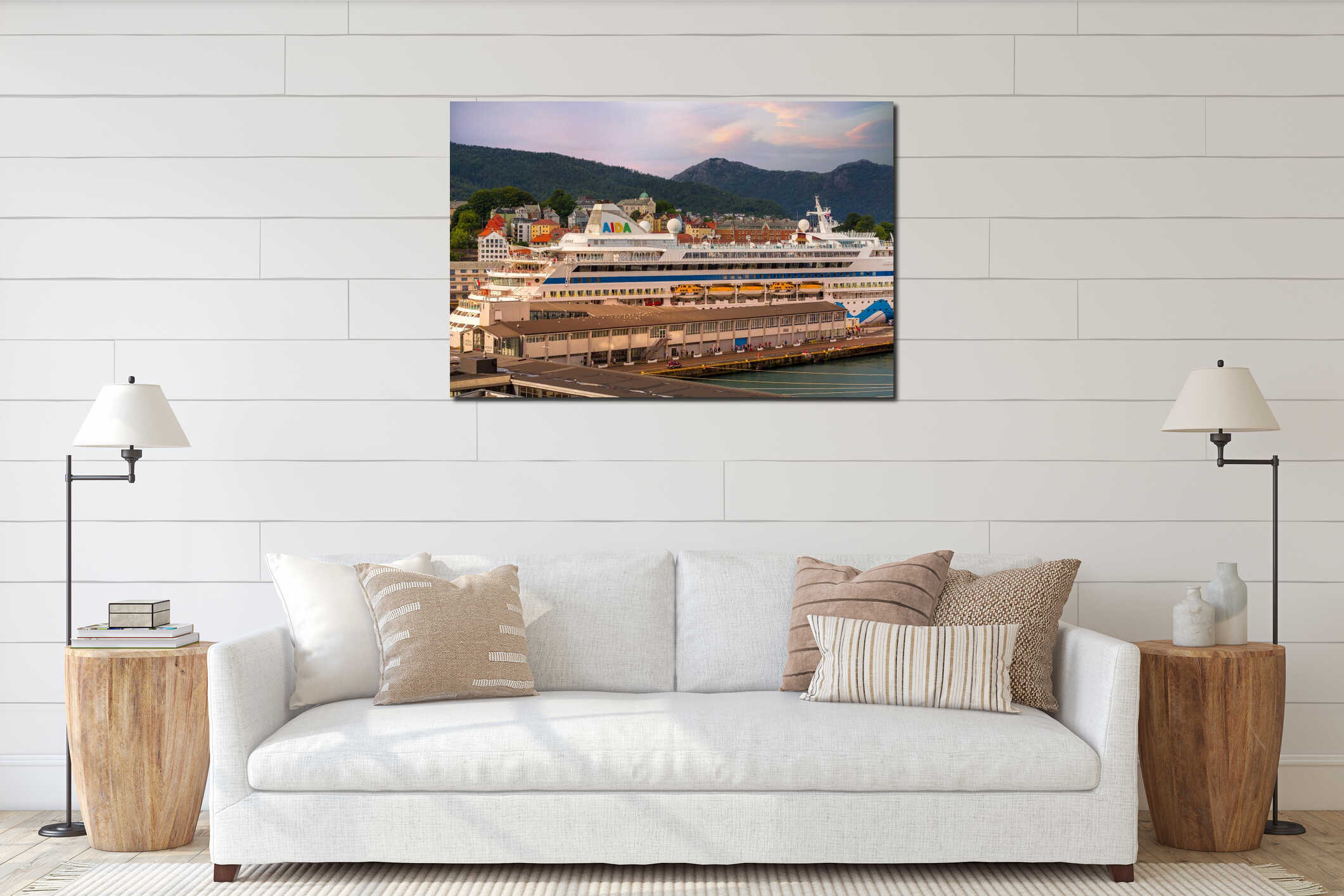 Bergen, Norway Aidaluna cruise ship, city houses interior mockup