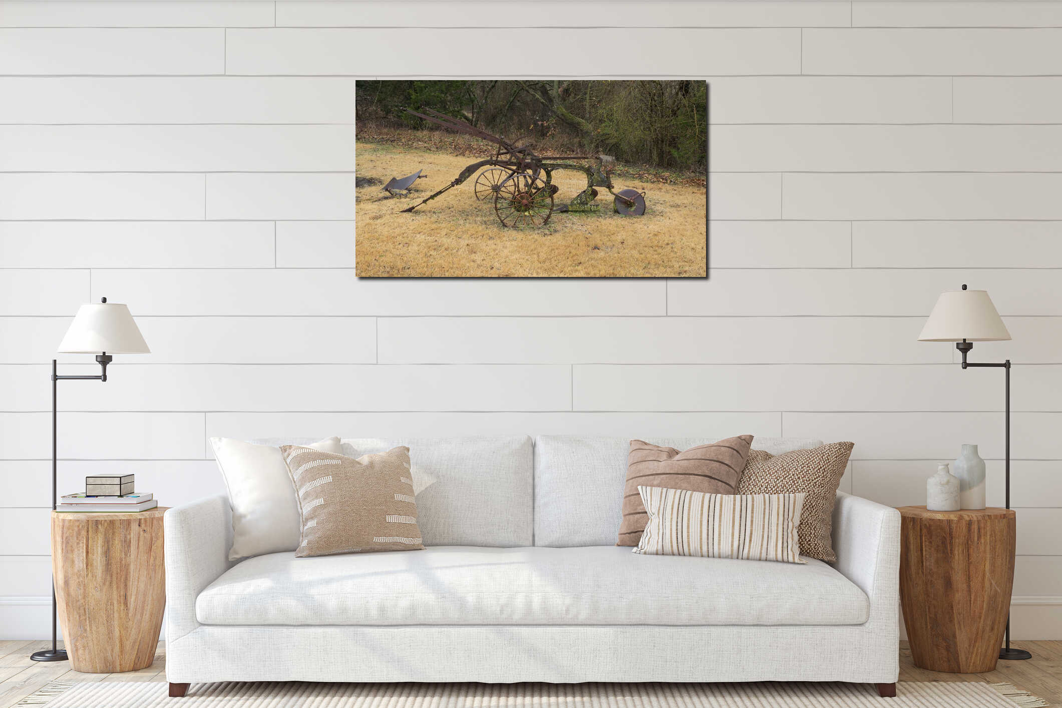 Old rusted farm equipment at Heritage Village in the City of Allen, Texas. interior mockup