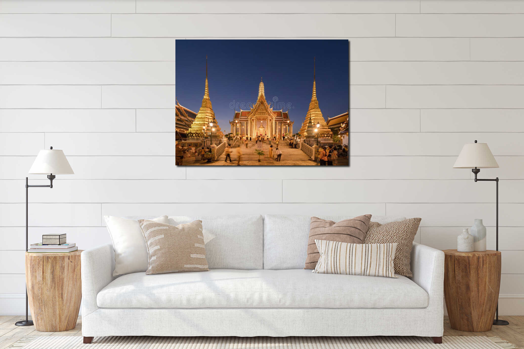 Golden pagoda at Temple of the Emerald Buddha in Bangkok, Thailand. Wat Phra Kaew and Grand palace in old town, urban city. interior mockup