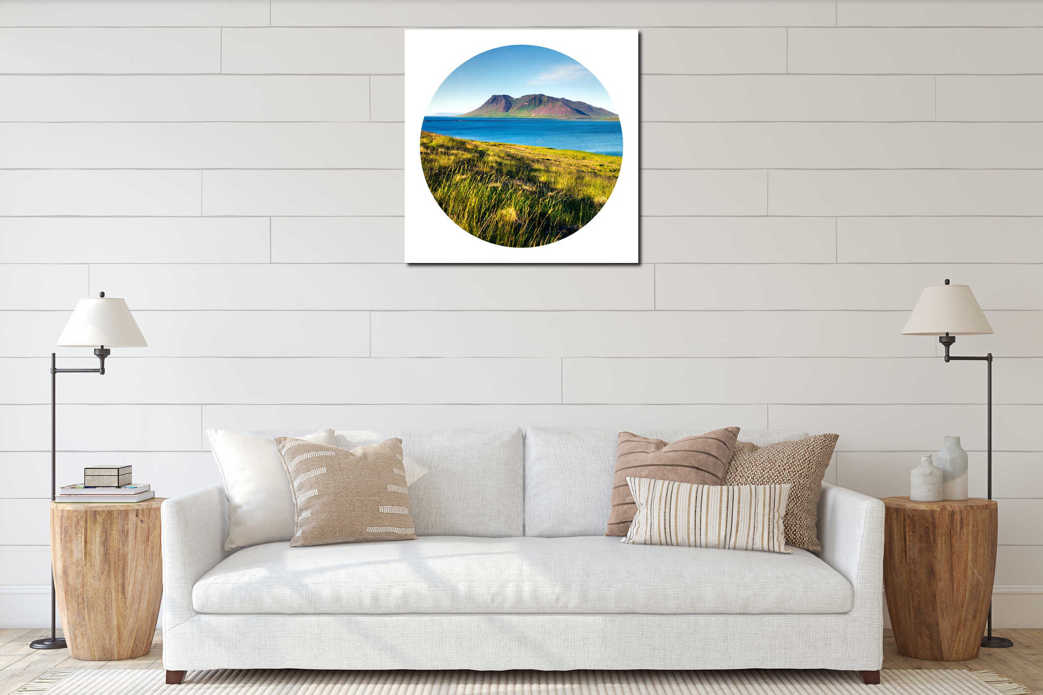 Typical Icelandic landscape with volcanic mountains and pure water river. Sunny summer morning in west coast of Iceland, Europe. P interior mockup