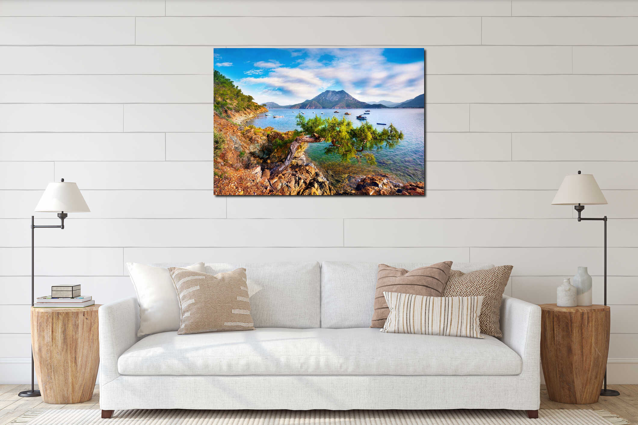 Splendid summer seascape of Mediterranean sea. Sunny morning view of Adrasan bay with view of Moses Mountain, Turkey, Asia. Beauty interior mockup