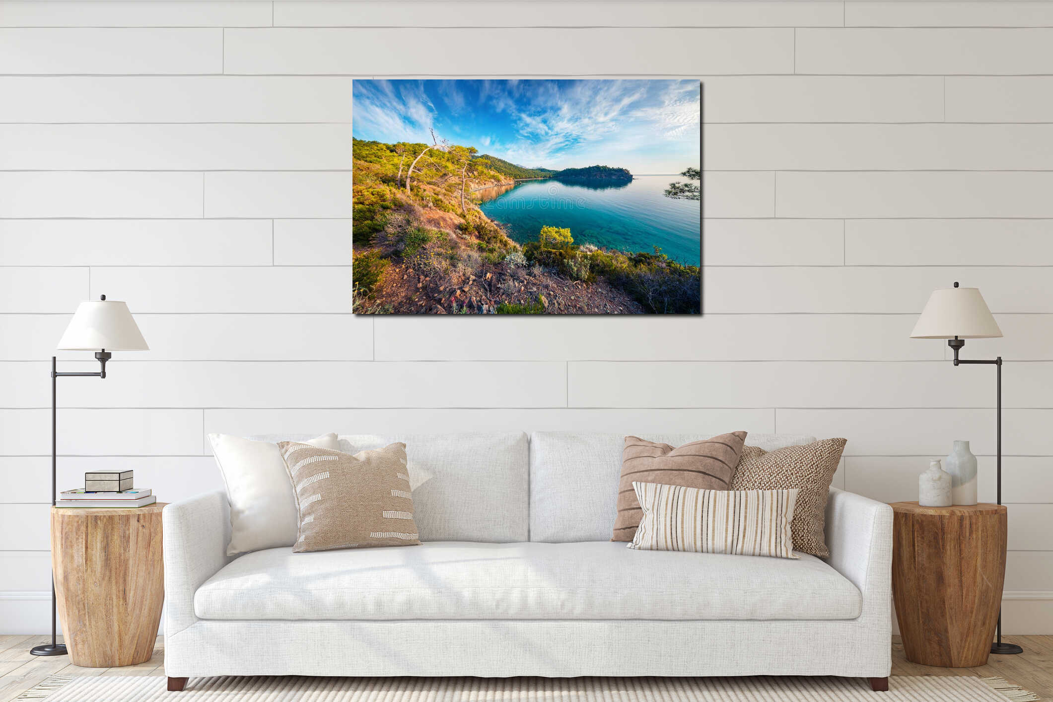 Spectacular summer view of a small azure bay near Tekirova village, District of Kemer, Antalya Province. Scenic Mediterranean seas interior mockup