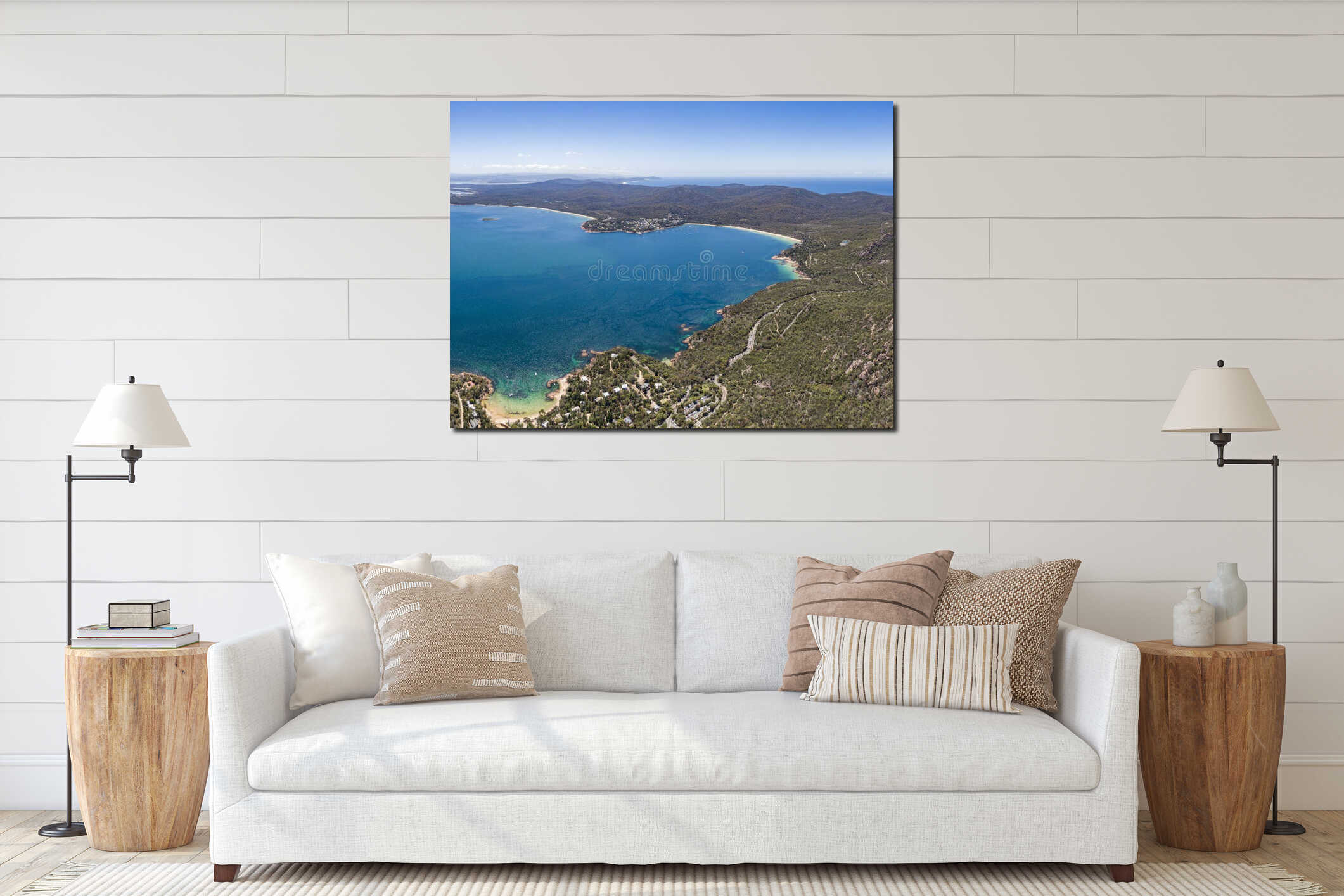 High angle aerial drone view of Coles Bay near Freycinet National Park, Tasmania, Australia. interior mockup