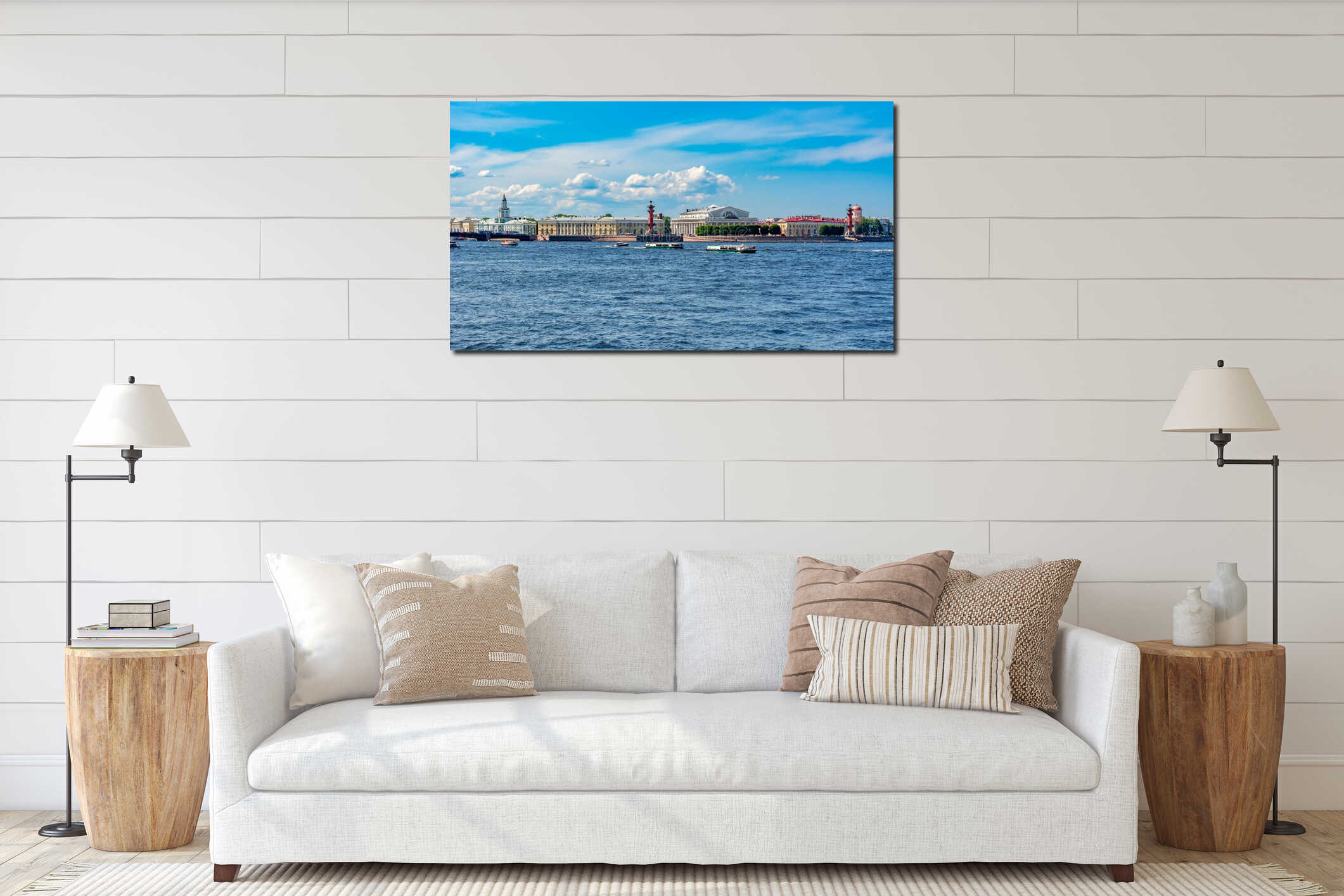 Saint Petersburg panorama with Old Stock Exchange building and Rostral columns on Vasilyevsky island, Saint Petersburg, Russia interior mockup