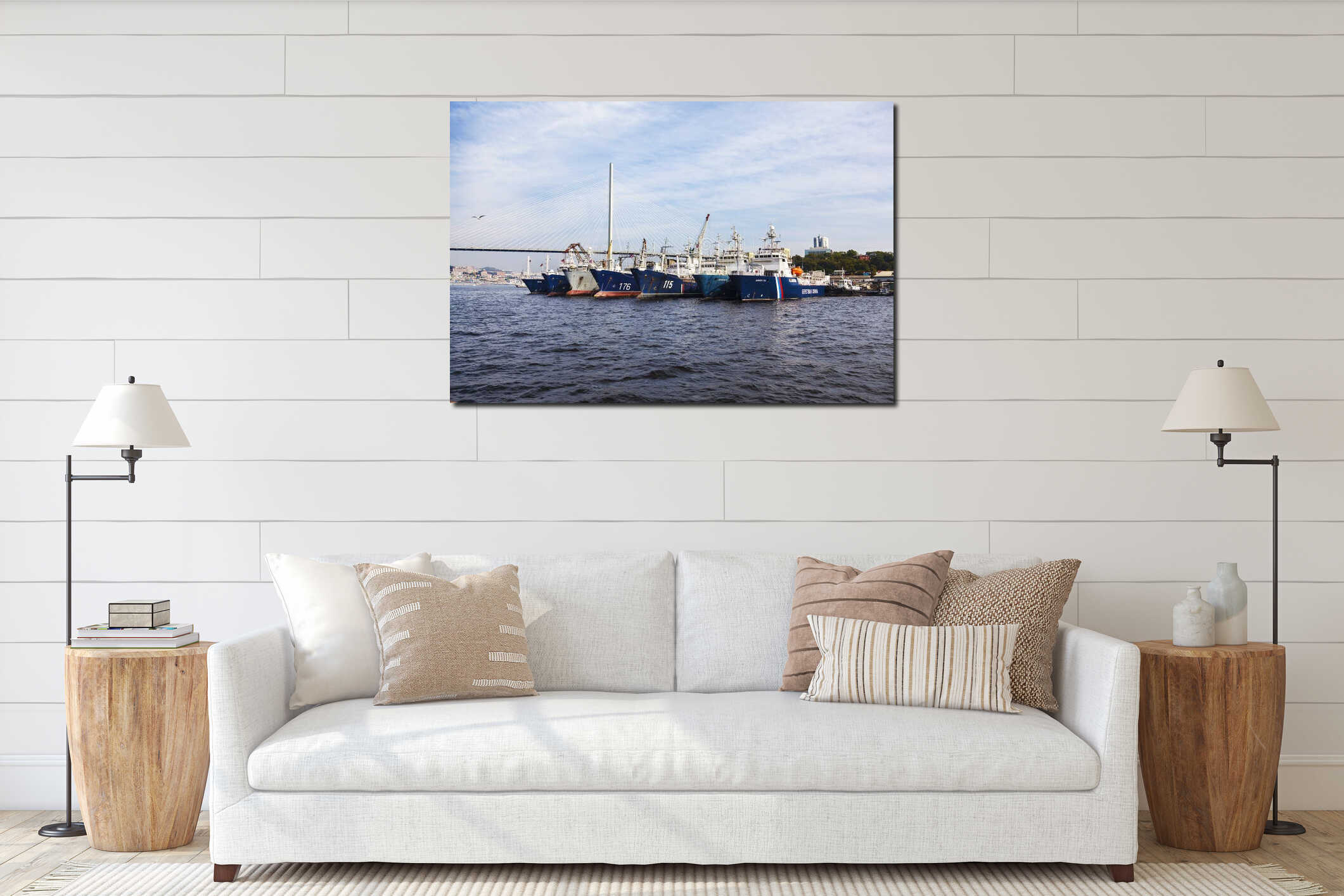 Coast Guard ships at the pier in the Golden Horn Bay. Vladivostok interior mockup