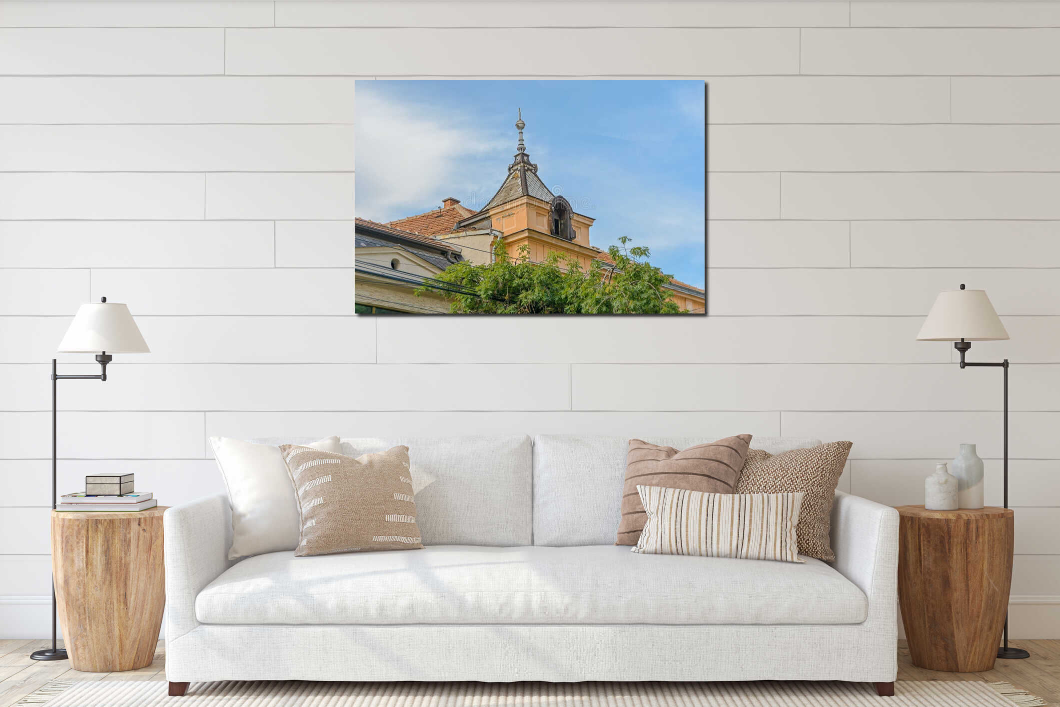 Roofs of ancient houses and domes of churches against the blue sky interior mockup