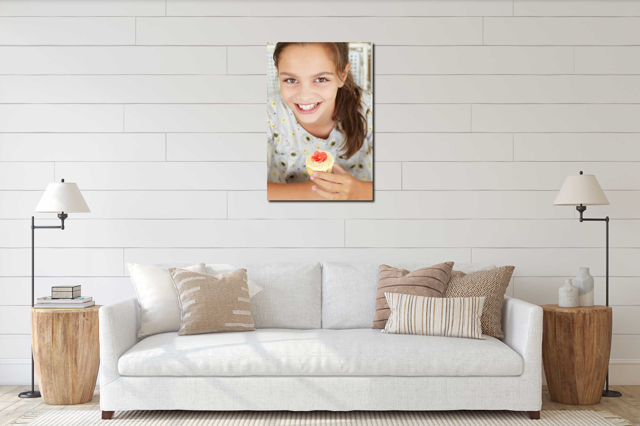 Young girl holding cupcake interior mockup