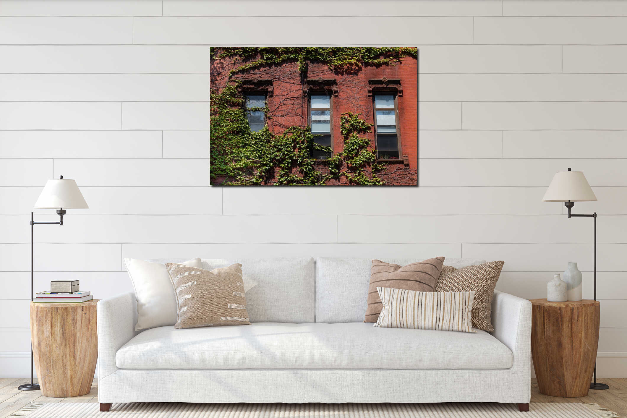 Beautiful Old Red Brick Building Exterior with Green Ivy and Three Windows in New York City interior mockup