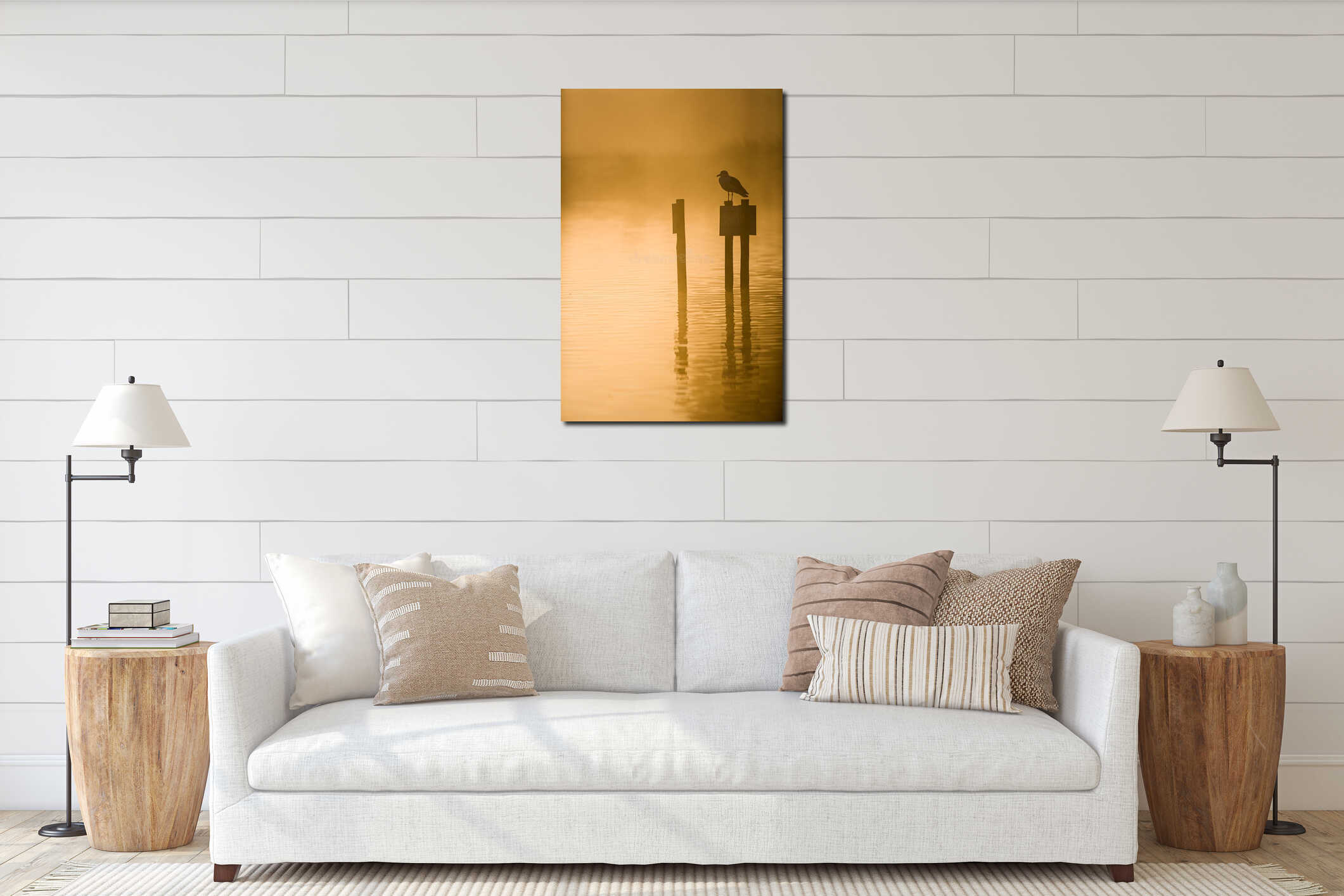 Gull sitting on a post in the water at dawn interior mockup