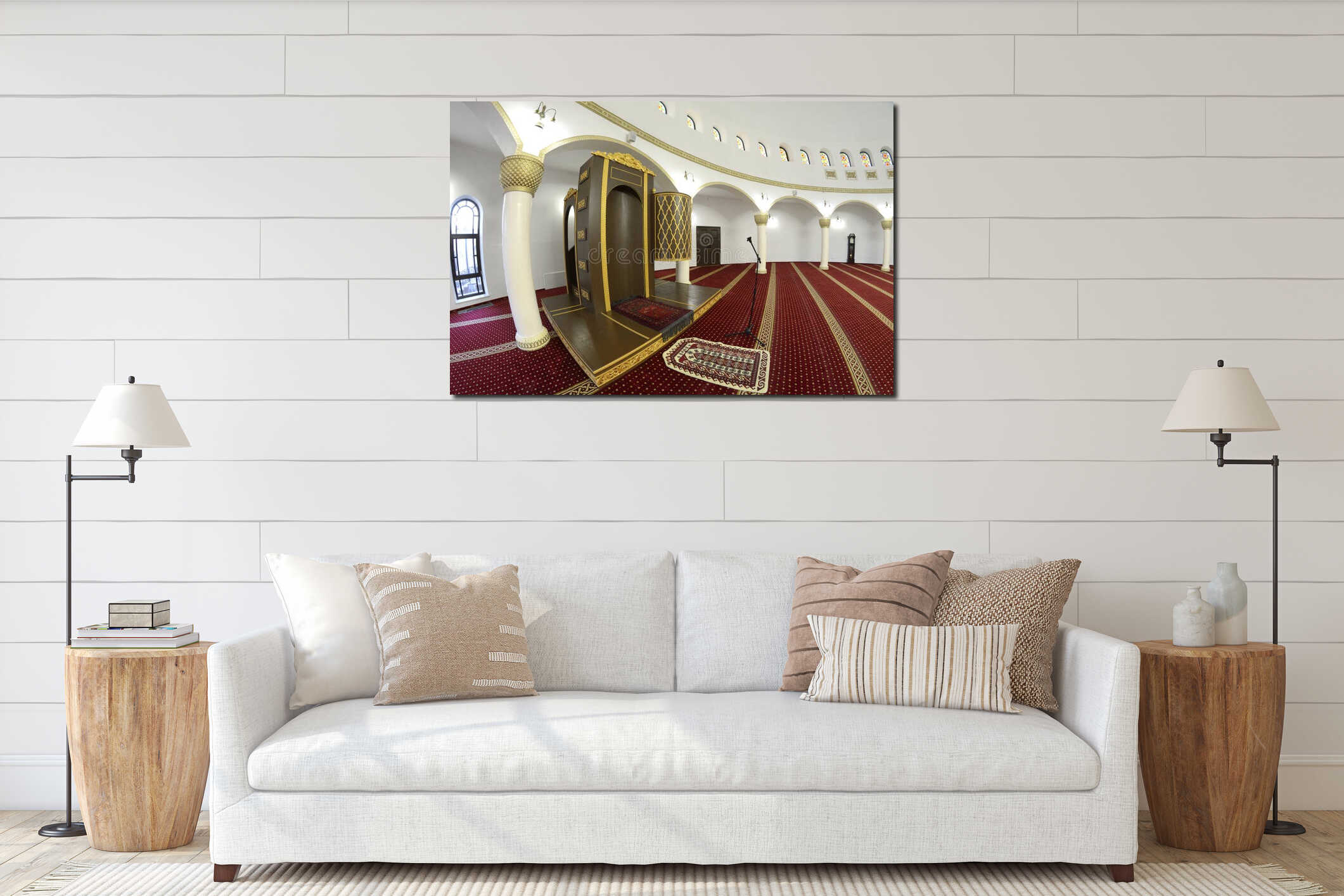 View of hall for praying iwan of the Ar-Rahma Mosque Mercy Mosque with minbar pulpit. Kyiv, Ukraine interior mockup
