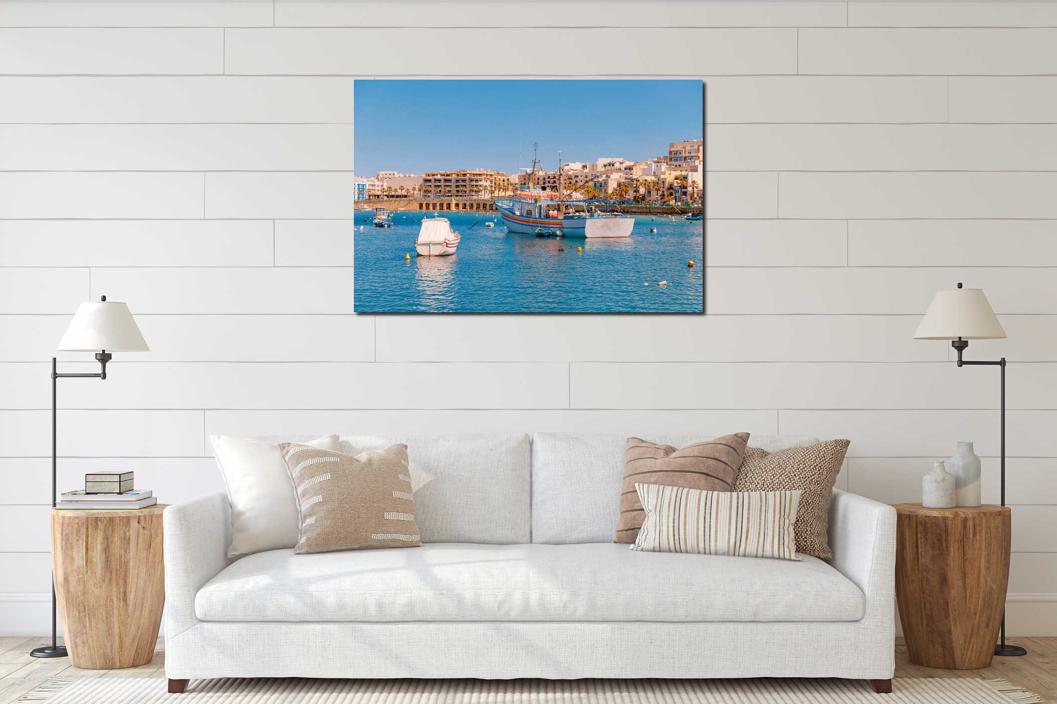 City Marsaskala Malta summer harbour Fishing boats in water mediterranean sea blue interior mockup