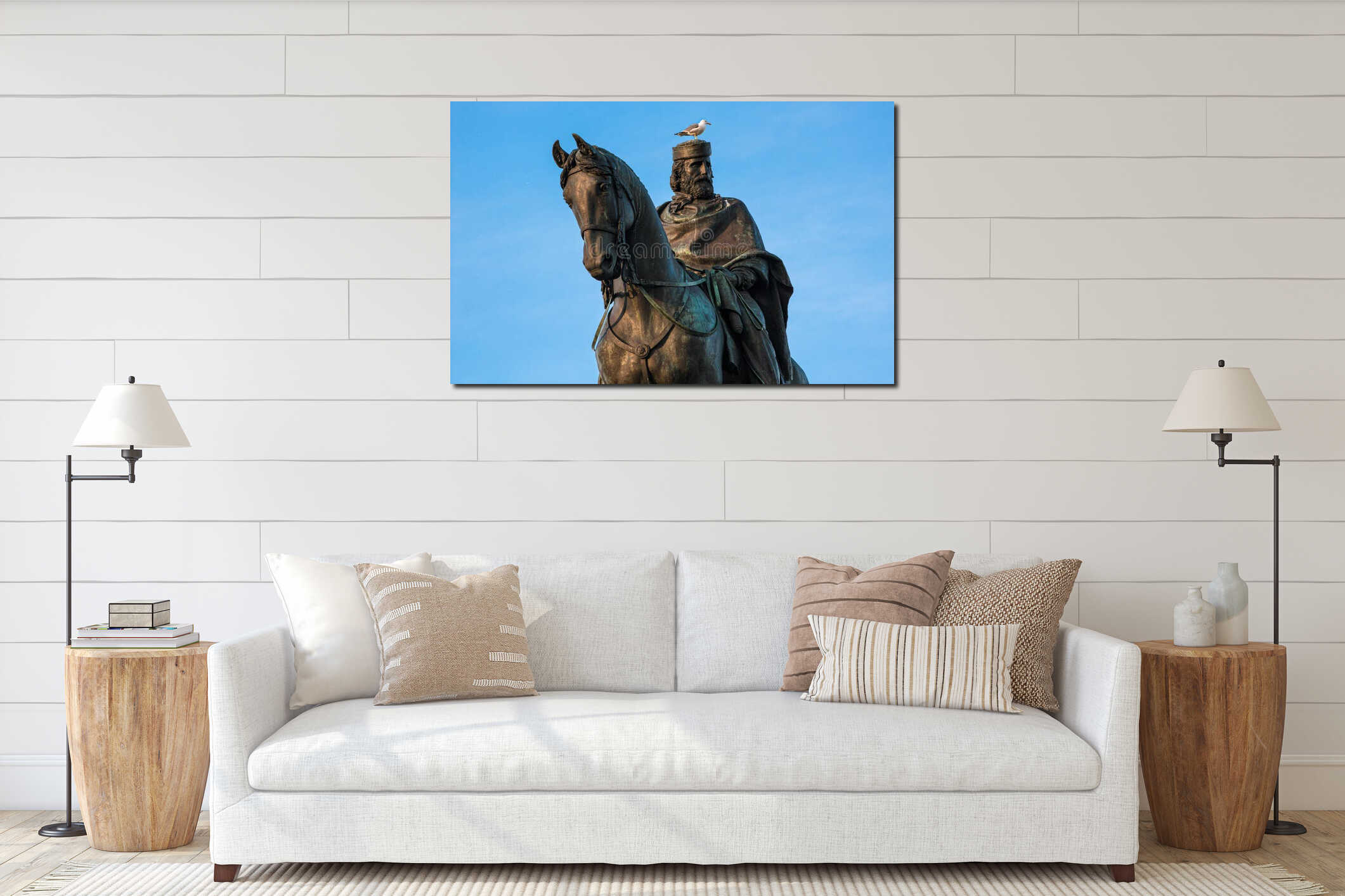 Seagull sits on the head of the statue Giuseppe Garibaldi in Rome interior mockup