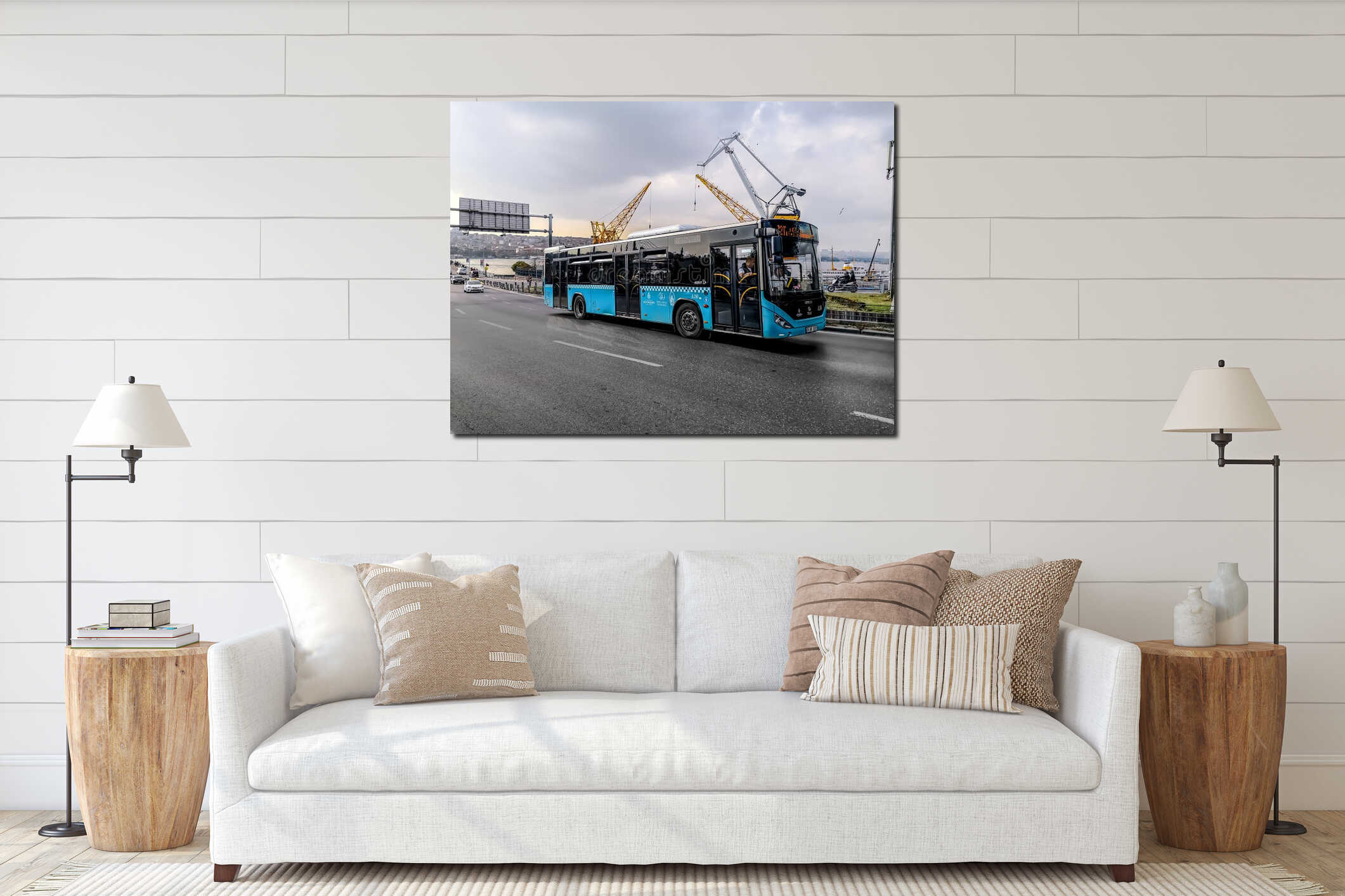 Blue city bus on Ataturk Bridge in Istanbul. Public transport on a city street on a cloudy interior mockup