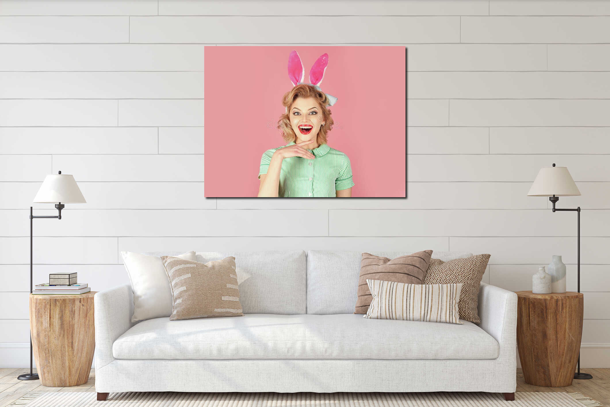 Retro woman in bunny ears, easter. Easter, makeup, pinup party, girl in rabbit ears. Vintage look. Sexy blond girl with interior mockup