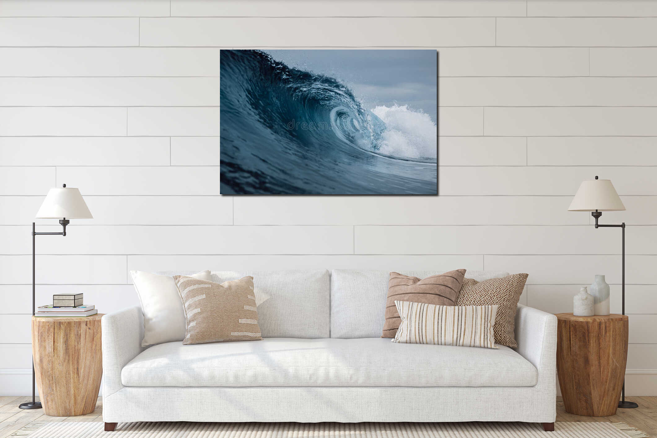 Perfect sea waves with blue water cloudy sky interior mockup