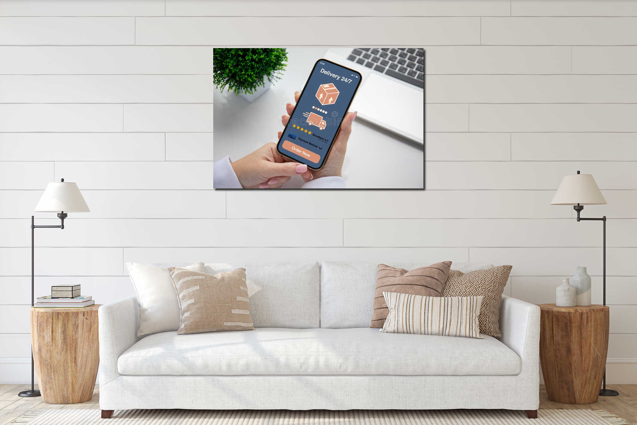 Female hands hold phone with parcel delivery application on screen interior mockup