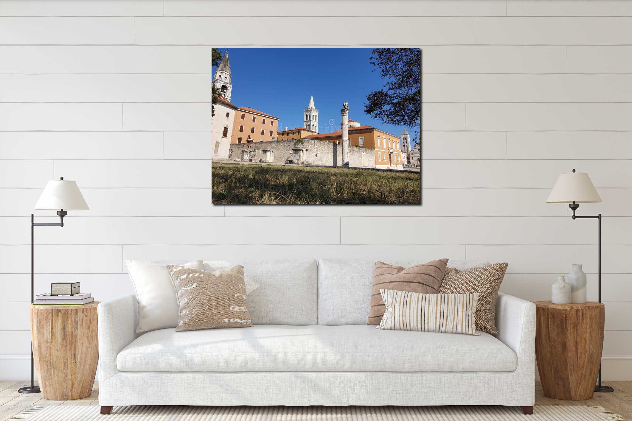 Bell towers of Ilya church, Anastasia cathedral, holy Mary church, roman column and dome of Donat church in town Zadar interior mockup