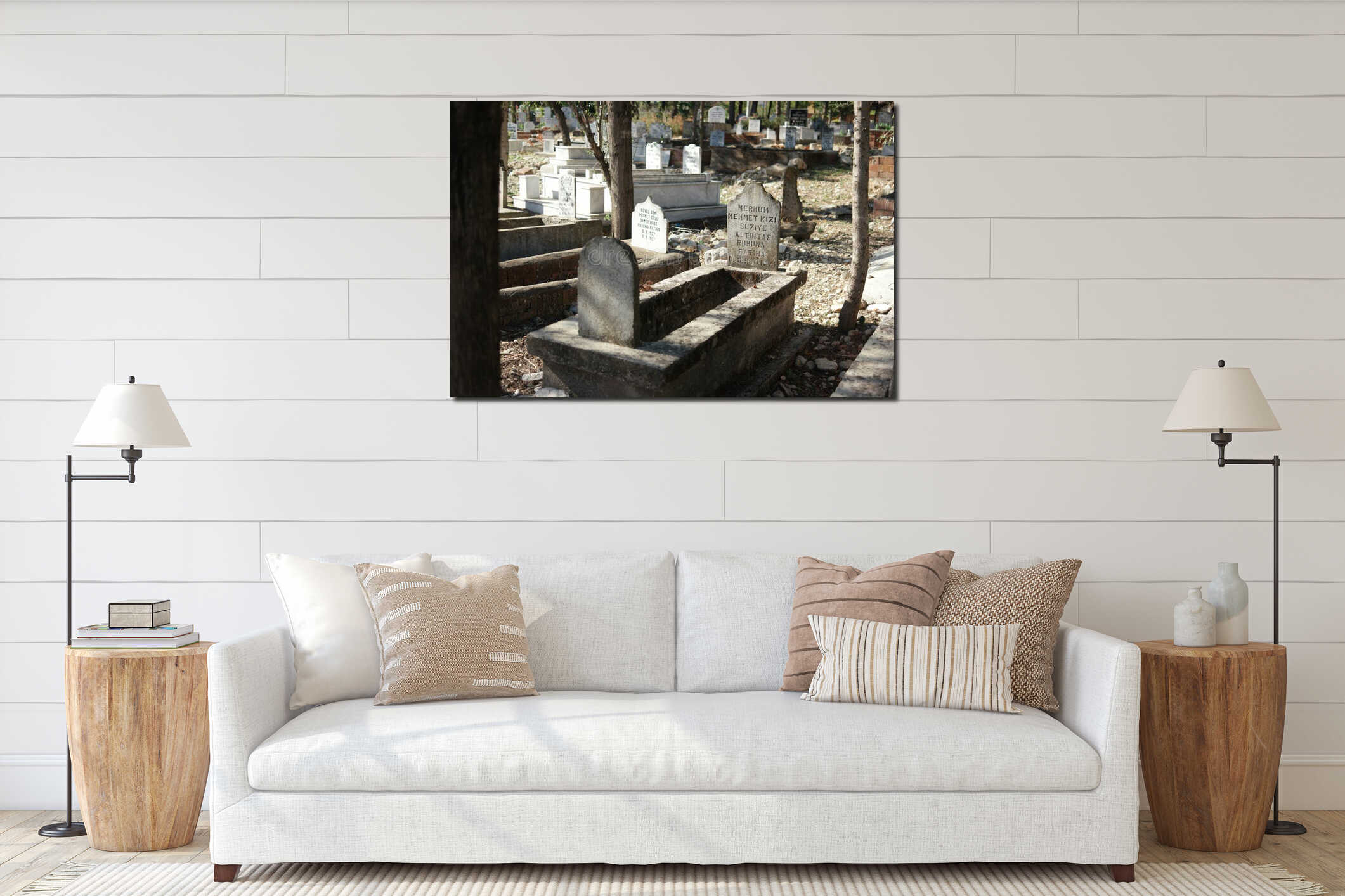 Old graveyard with an ancient tombstones. interior mockup