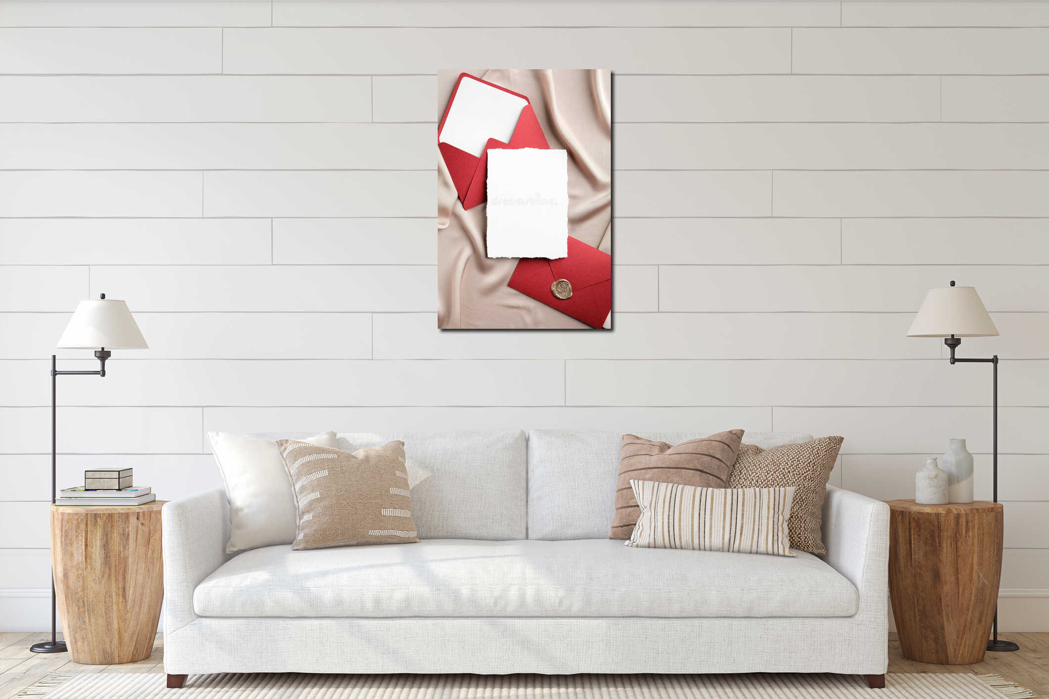 Wedding stationery set top view. Flat lay blank white paper card, red envelope with wax seal on silk fabric. Wedding invitation interior mockup