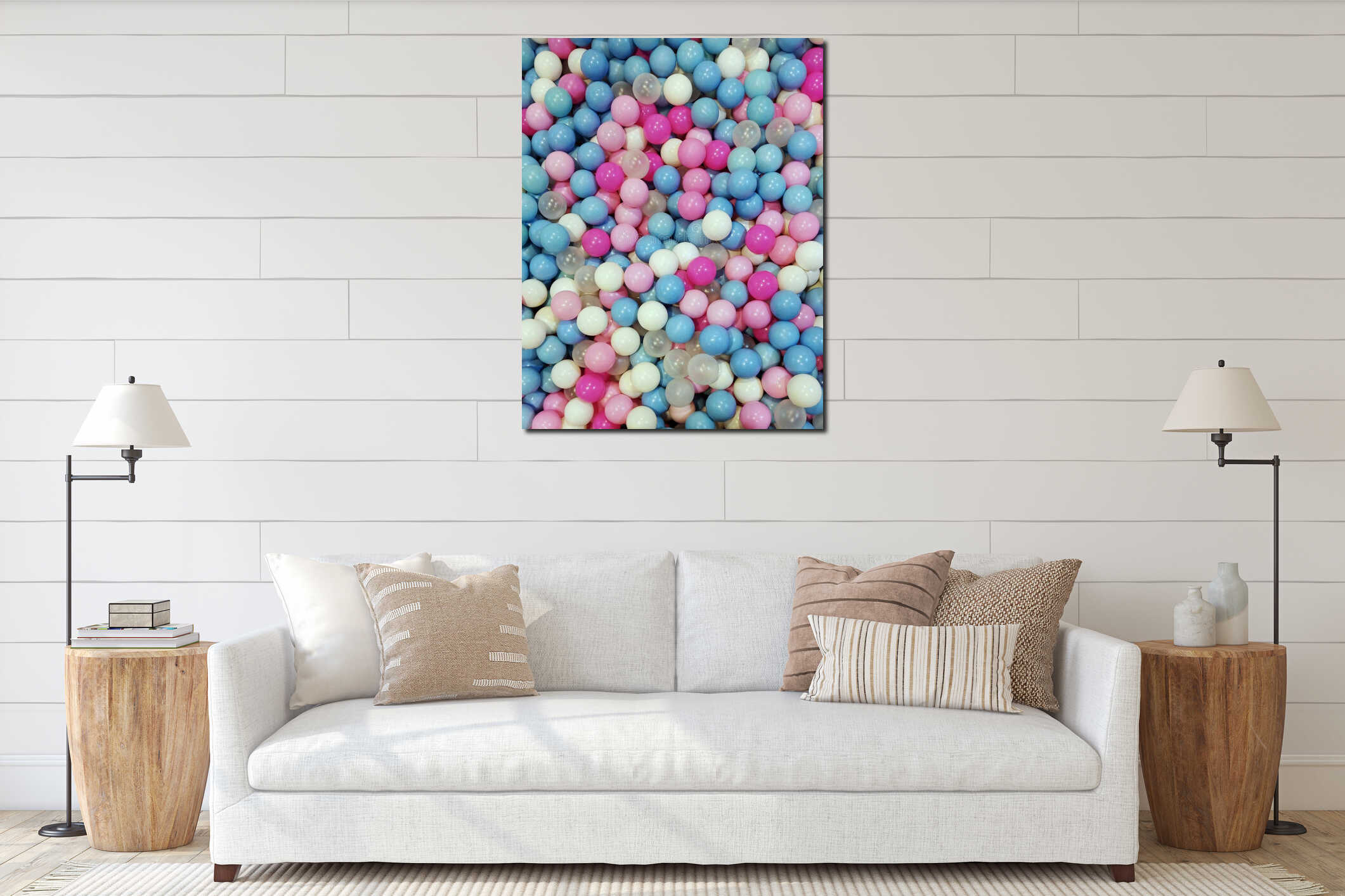 Close up colorful and shiny plastic balls in a playground interior mockup