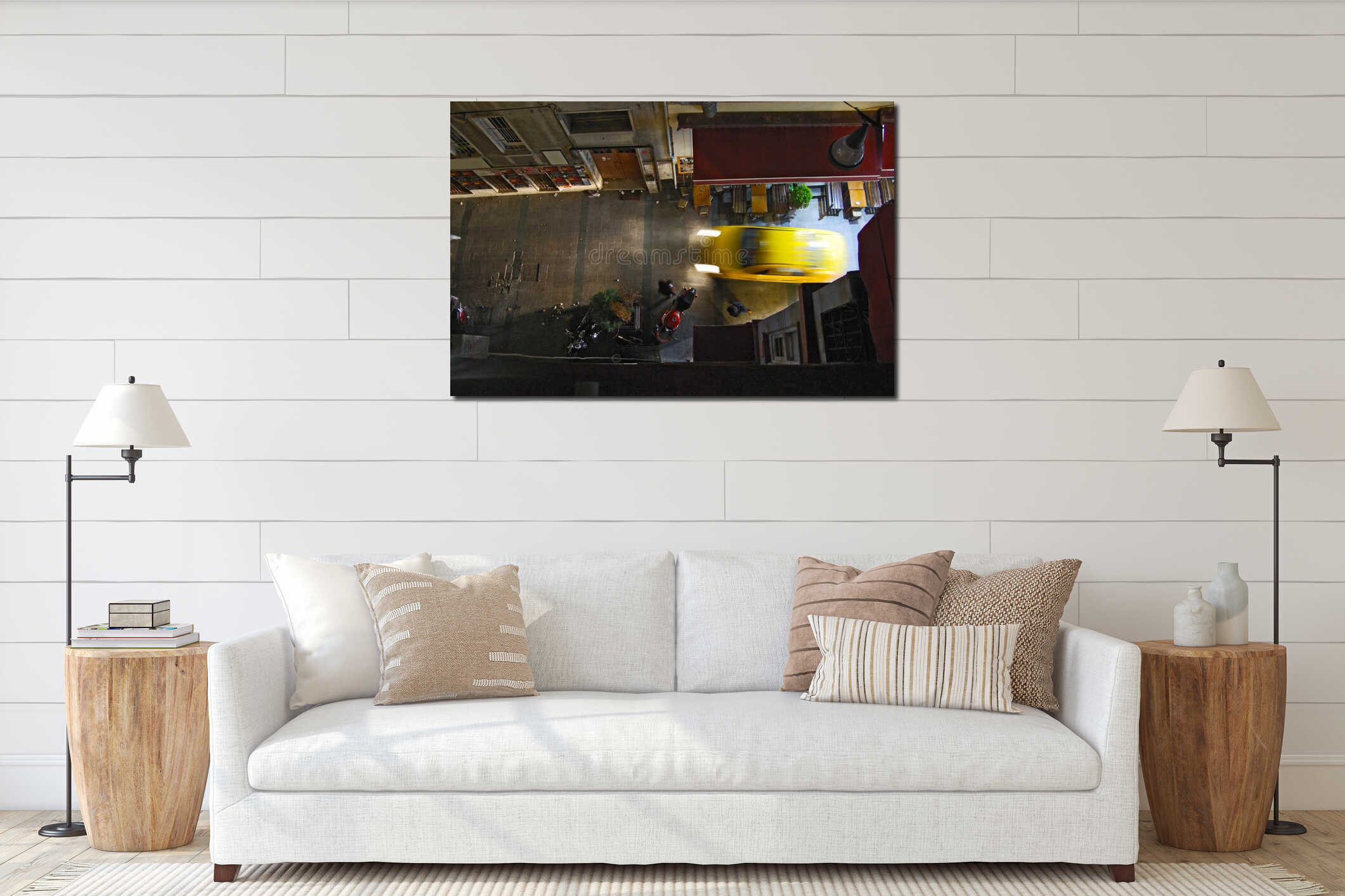 Bird`s eye view street. Motion blurred Taxi. interior mockup