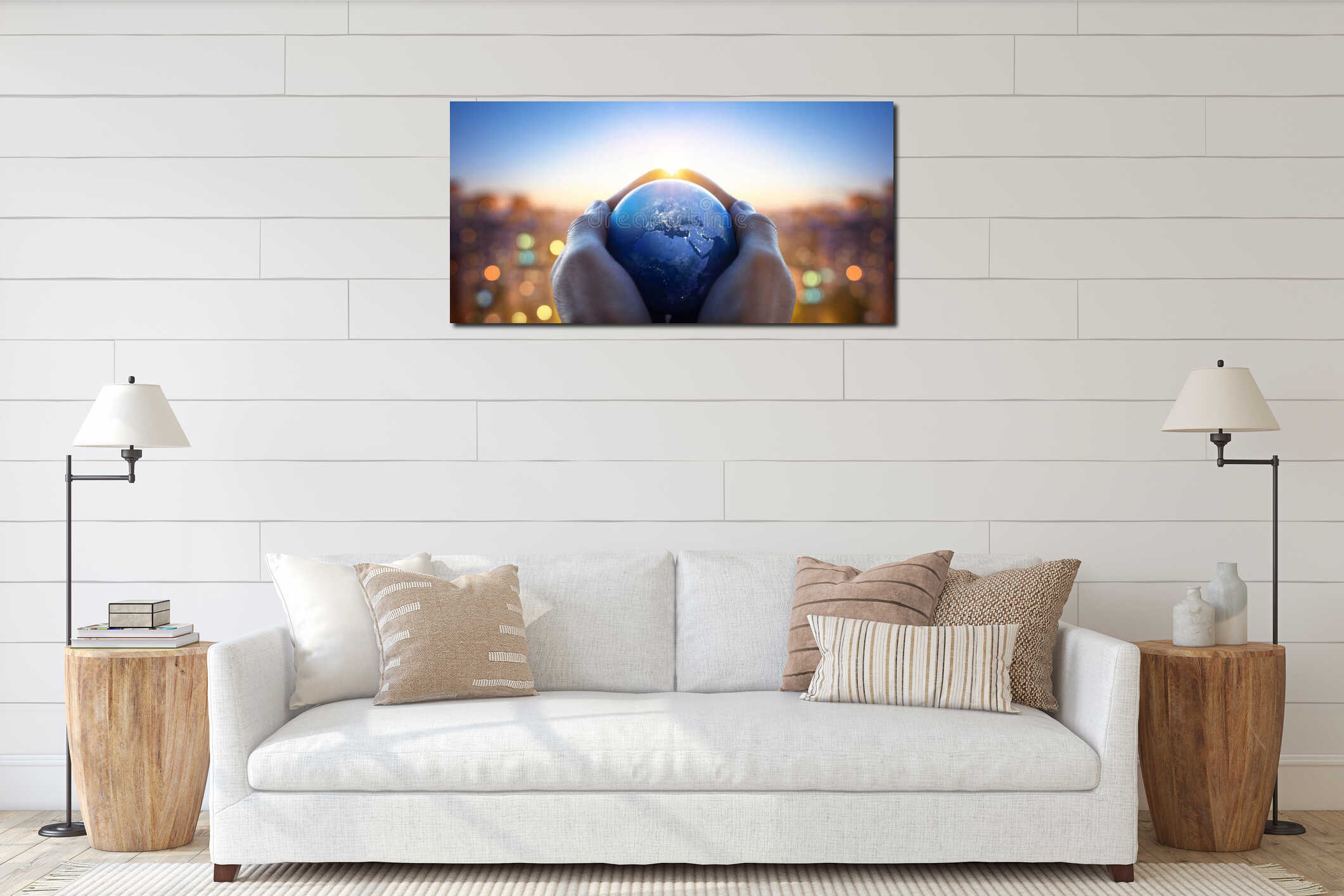 Planet Earth in the hands of a man against the background of the lights of the evening city. Concept and symbol on the theme of interior mockup