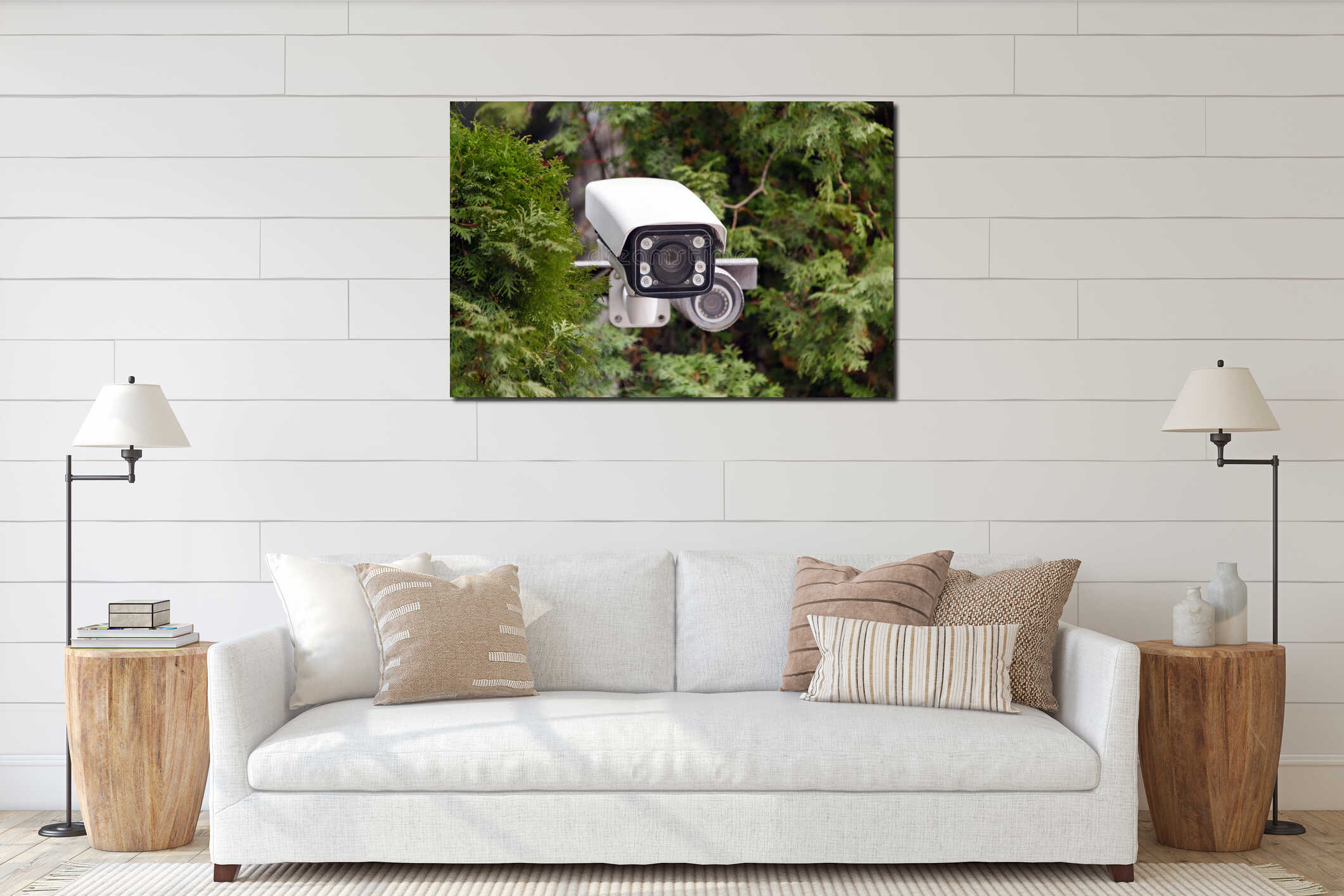 Covert video surveillance. CCTV security camera or radar for monitoring the speed of cars mounted among the trees. Video interior mockup