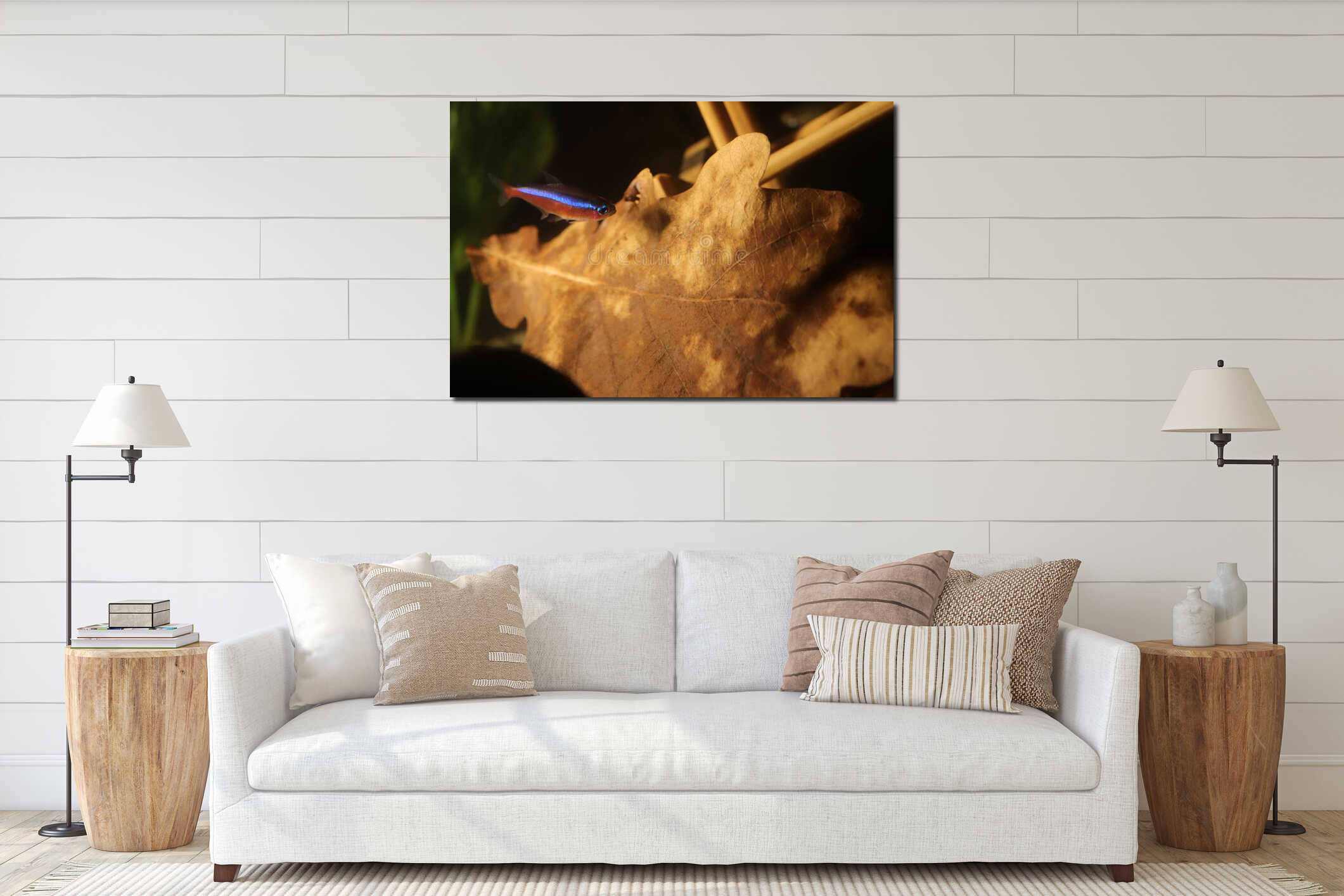 Red blue neon in aquarium interior mockup