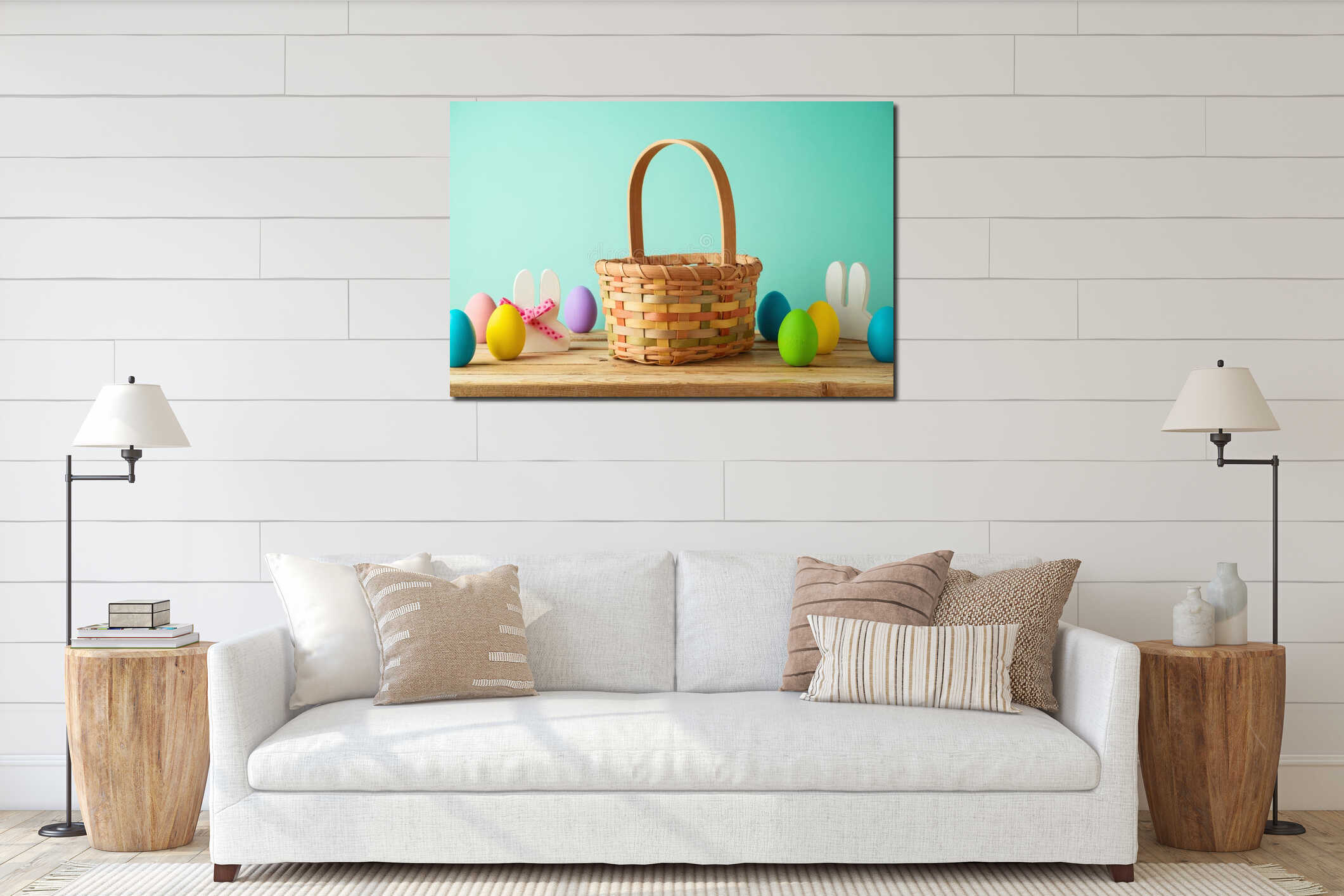 Empty basket with Easter eggs on wooden table. Spring and easter mock up for design interior mockup