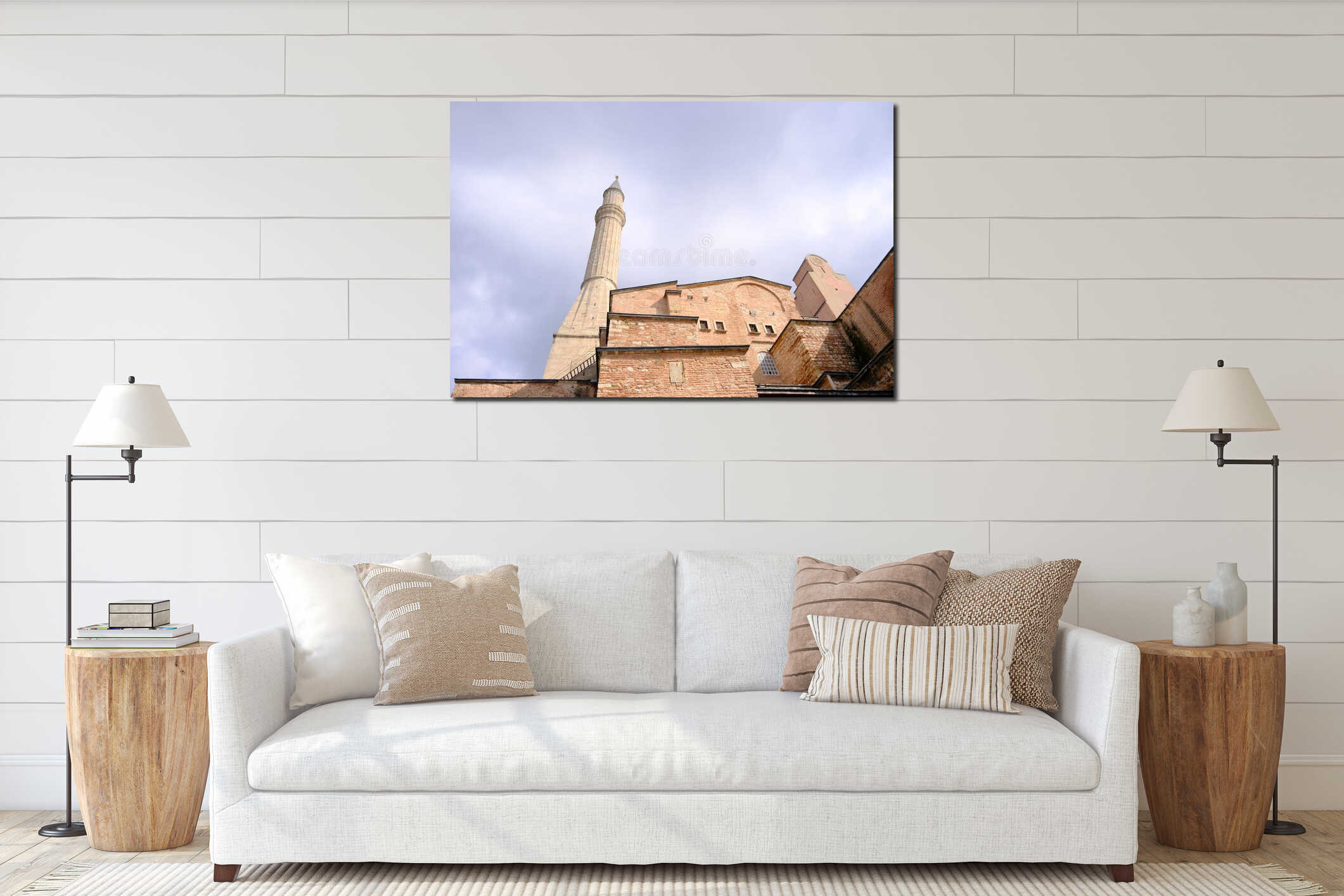 Hagia sophia mosque ayasofya camii in istanbul and its minaret extends to cloudy sky. interior mockup