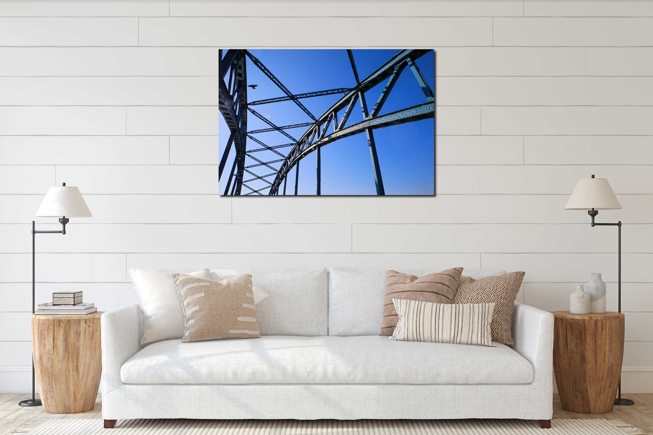 Low angle view on isolated symmetrical industrial steel bridge deck against blue sky with cross struts and metal beams focus on interior mockup