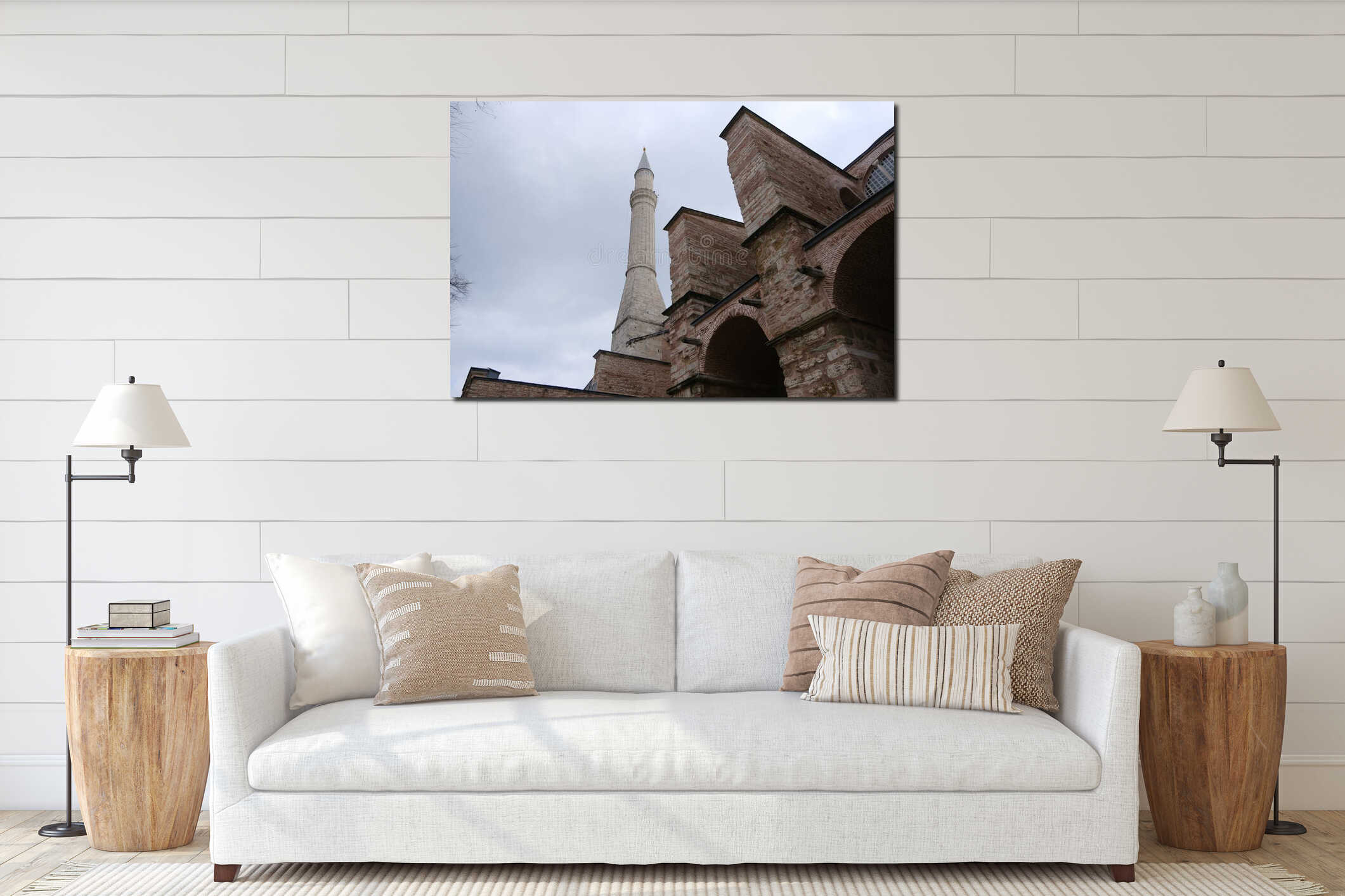 Hagia sophia mosque ayasofya camii in istanbul and its minaret extends to cloudy sky. interior mockup